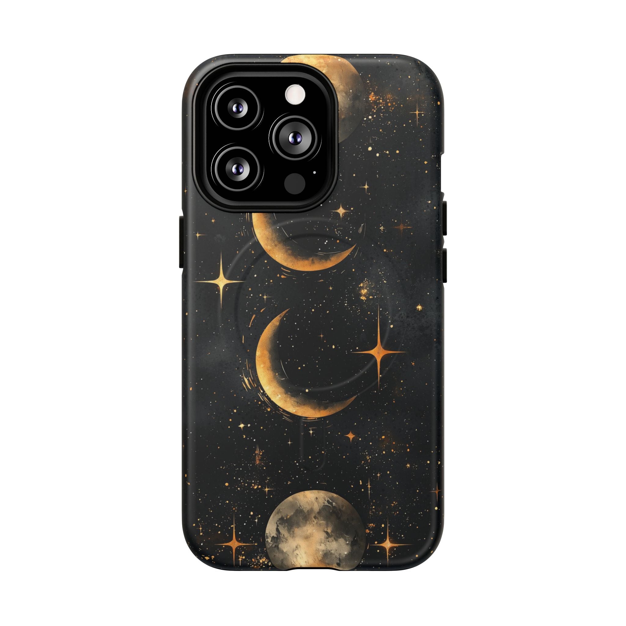 Custodia rigida MagSafe per iPhone con fasi lunari celestiali | Design a forma di galassia con mezzaluna dorata e luna piena