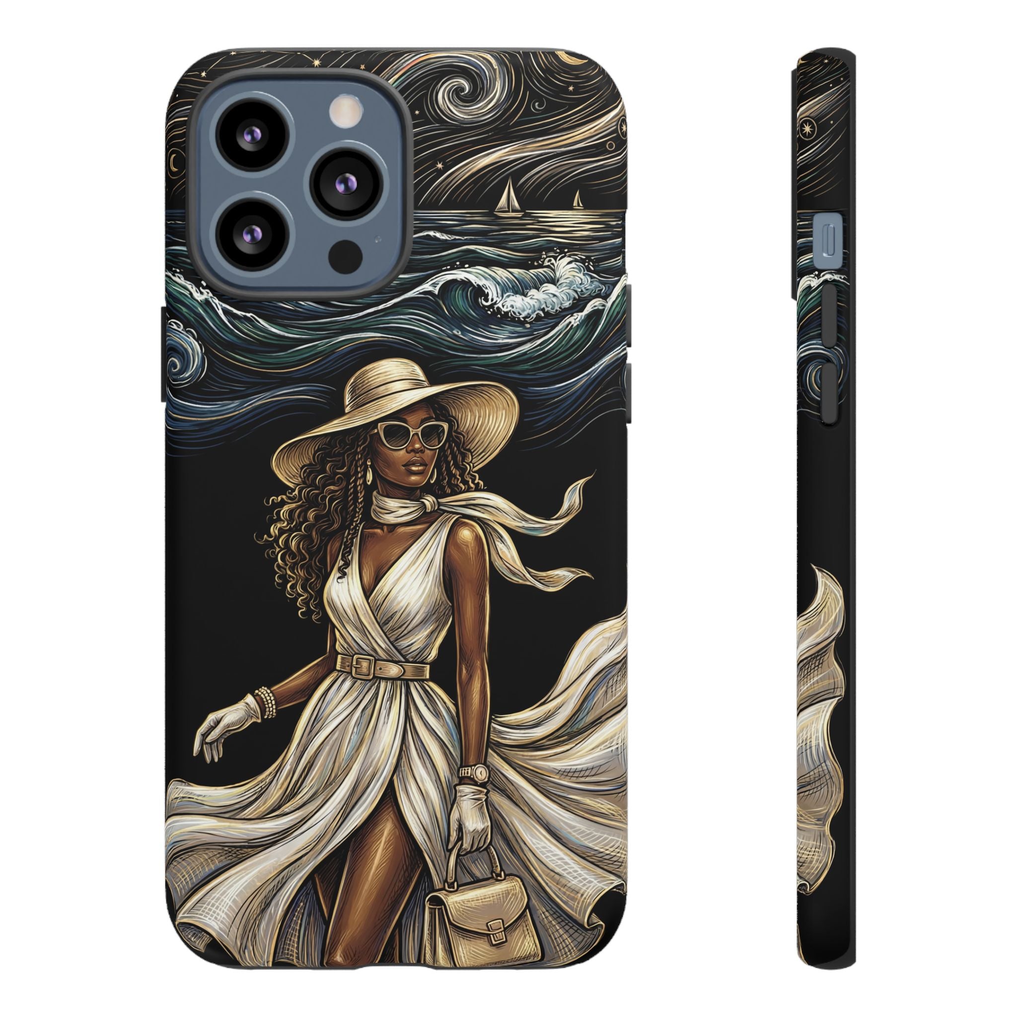 iPhone Case | Elegant Black Woman in Flowing Dress by the Sea