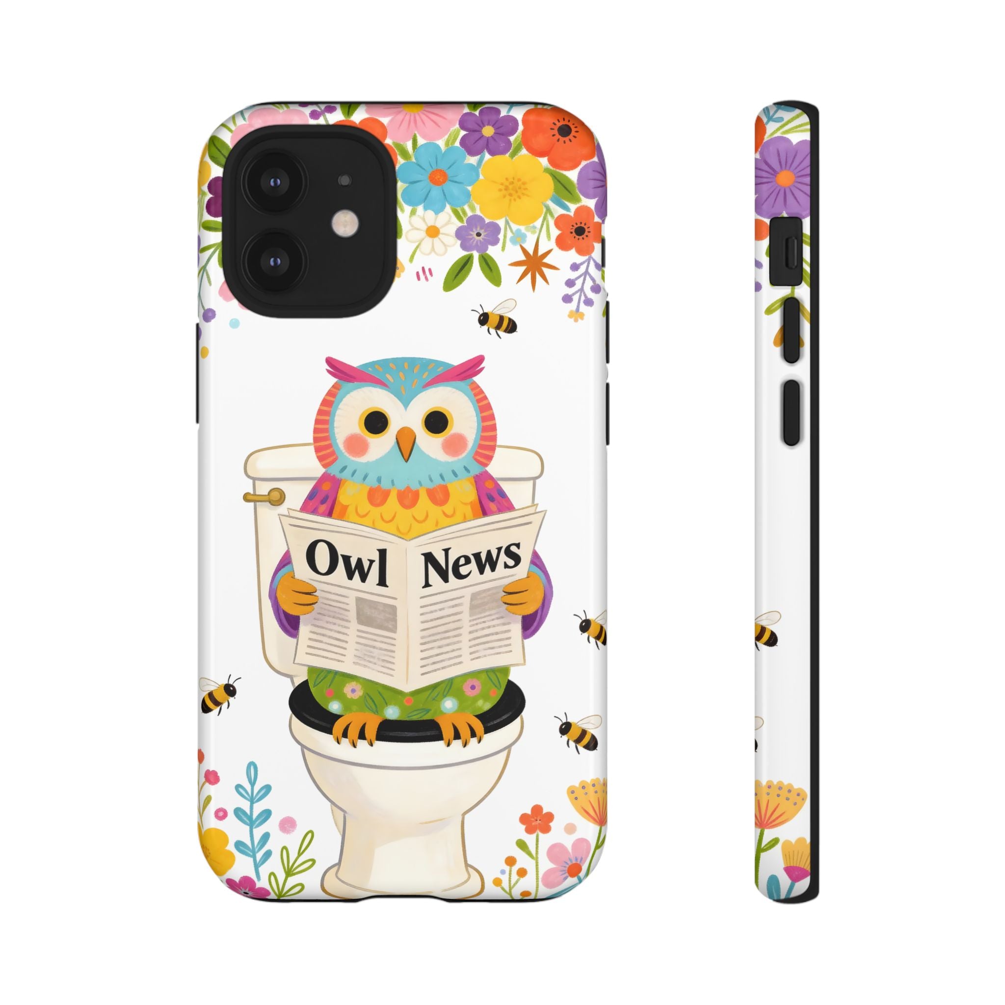 Owl News Floral iPhone Case | Cute Owl Reading Newspaper on Toilet