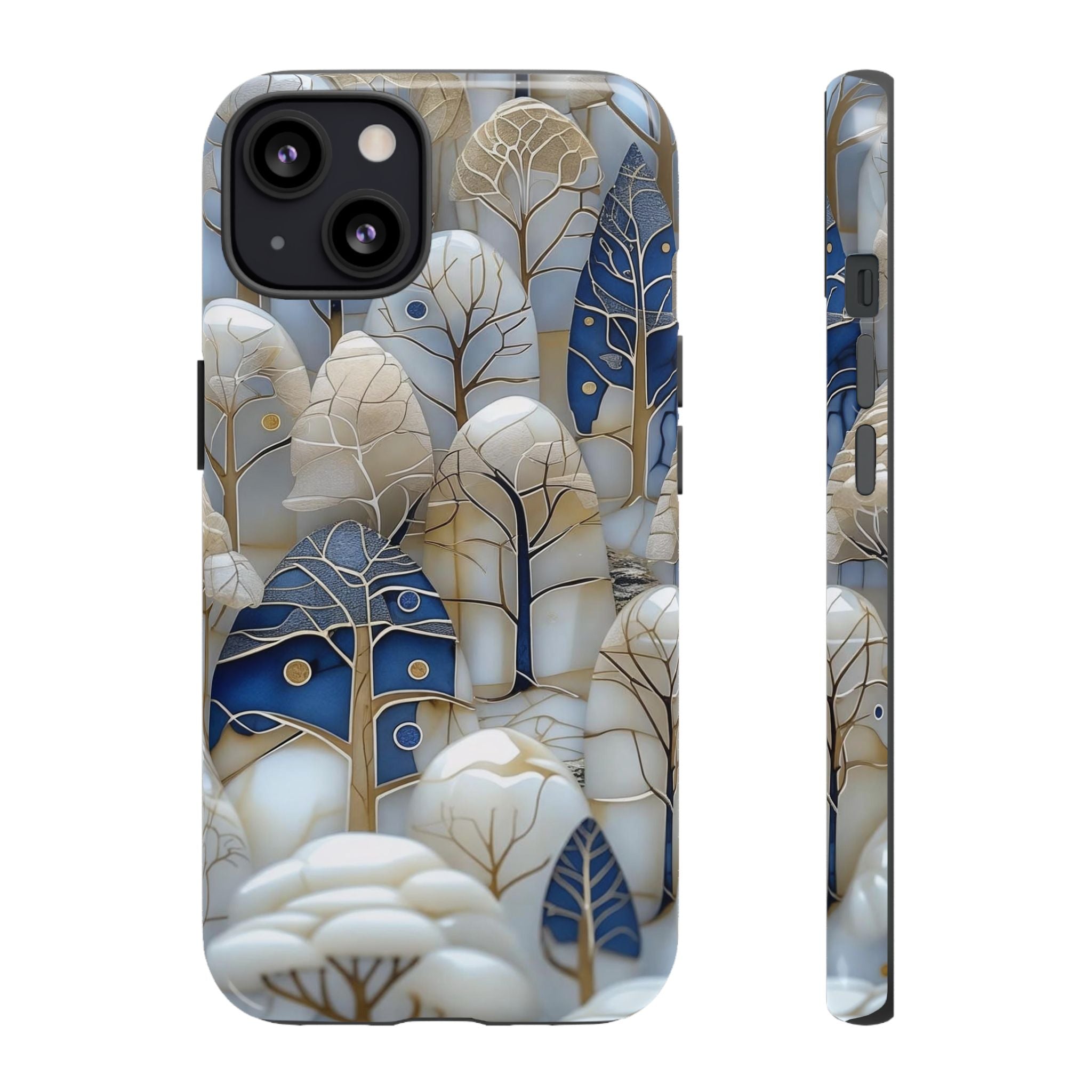 Blue Gold Winter Forest iPhone Case — Elegant Tree Pattern Tough Case