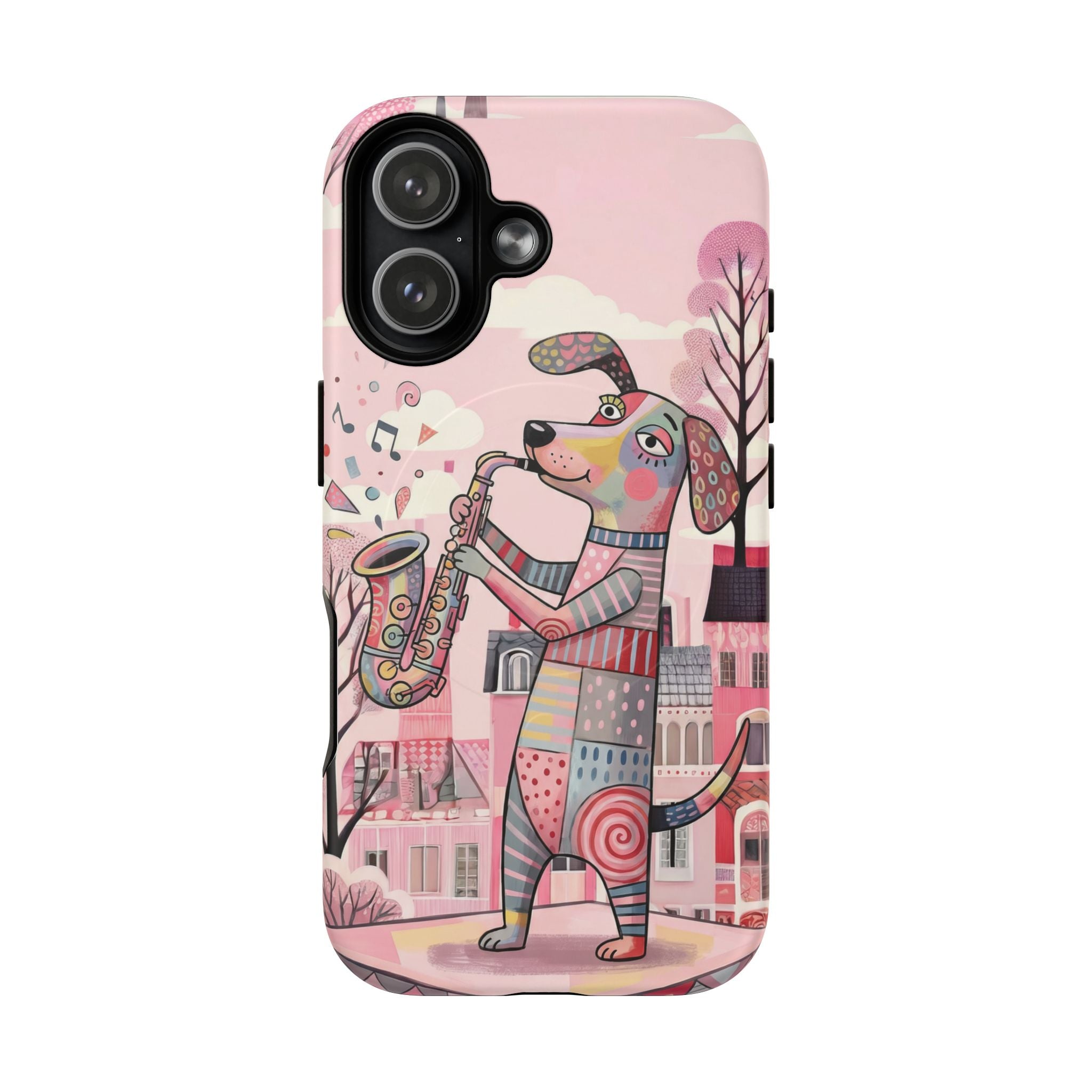 Saxophone Dog MagSafe iPhone Case | Cute Pink Musical Art Protective Case