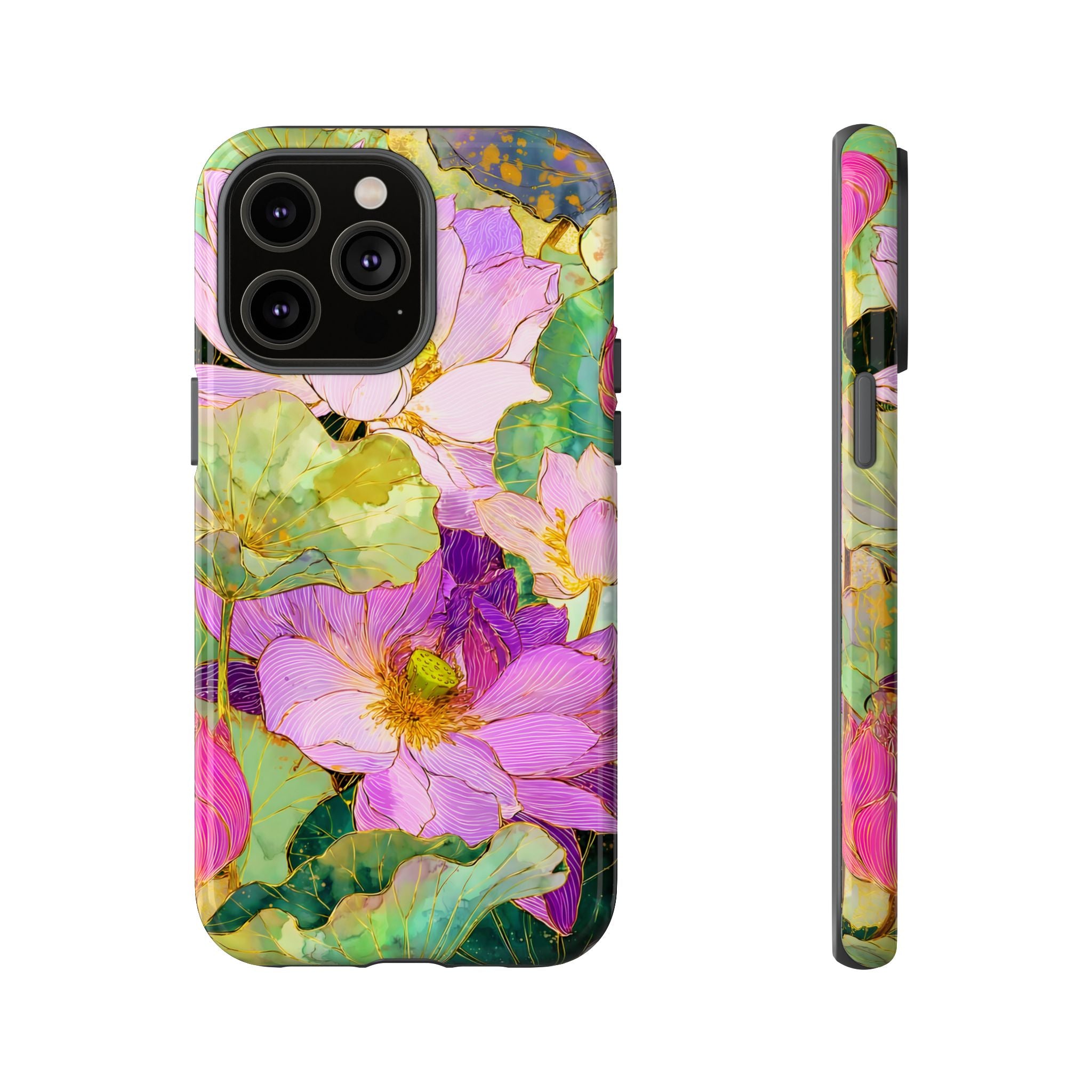 Floral Watercolor Tough iPhone Case | Pink Lotus Garden Protective Cover