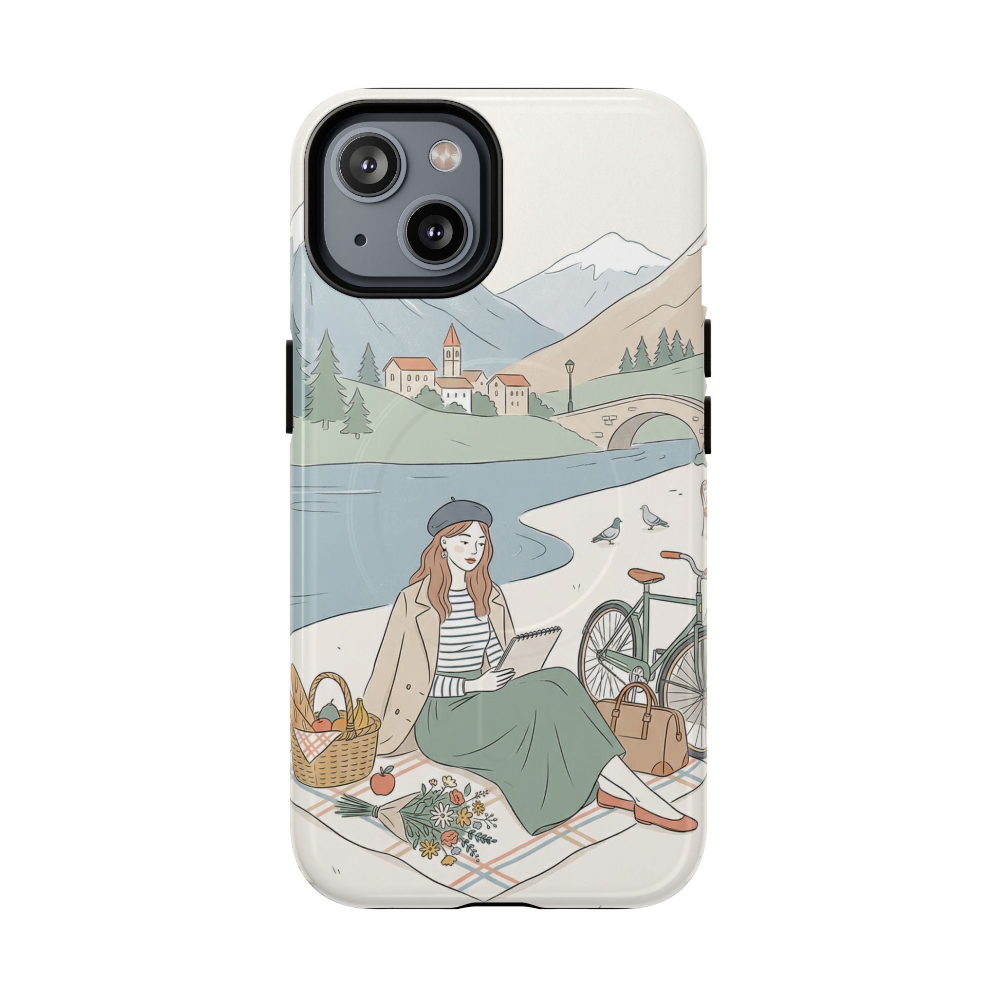 Scenic Picnic MagSafe iPhone Case | Vintage Bicycle & Mountain Illustration