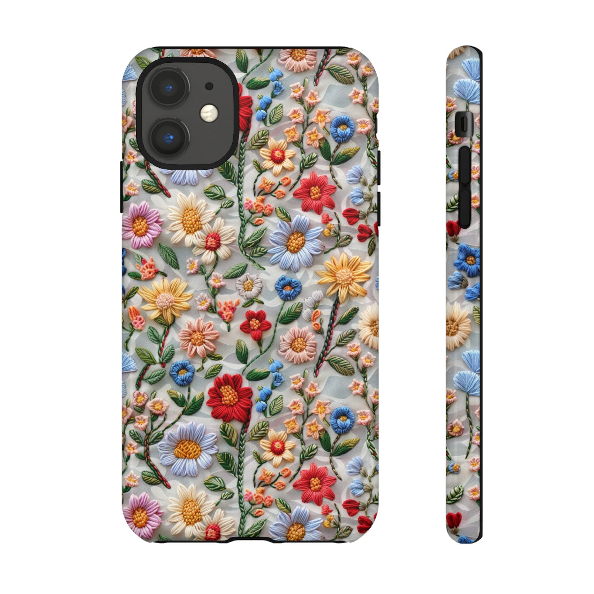 Floral Embroidered Pattern Tough iPhone Case — Colourful Daisy & Wildflower Design