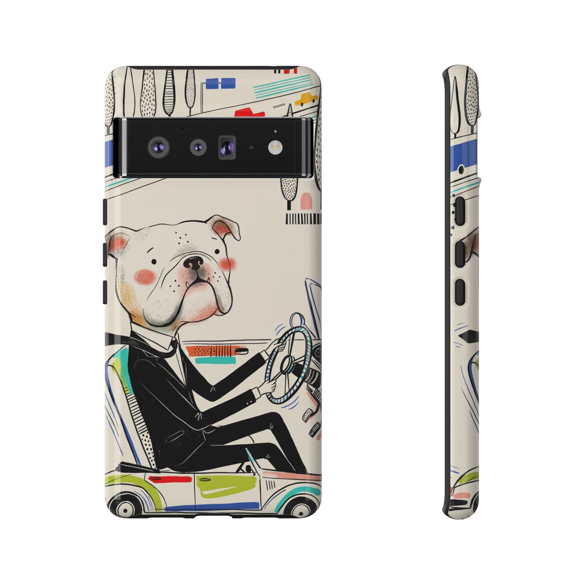 Bulldog Driver Google Pixel Phone Case | Cute Retro Dog Illustration