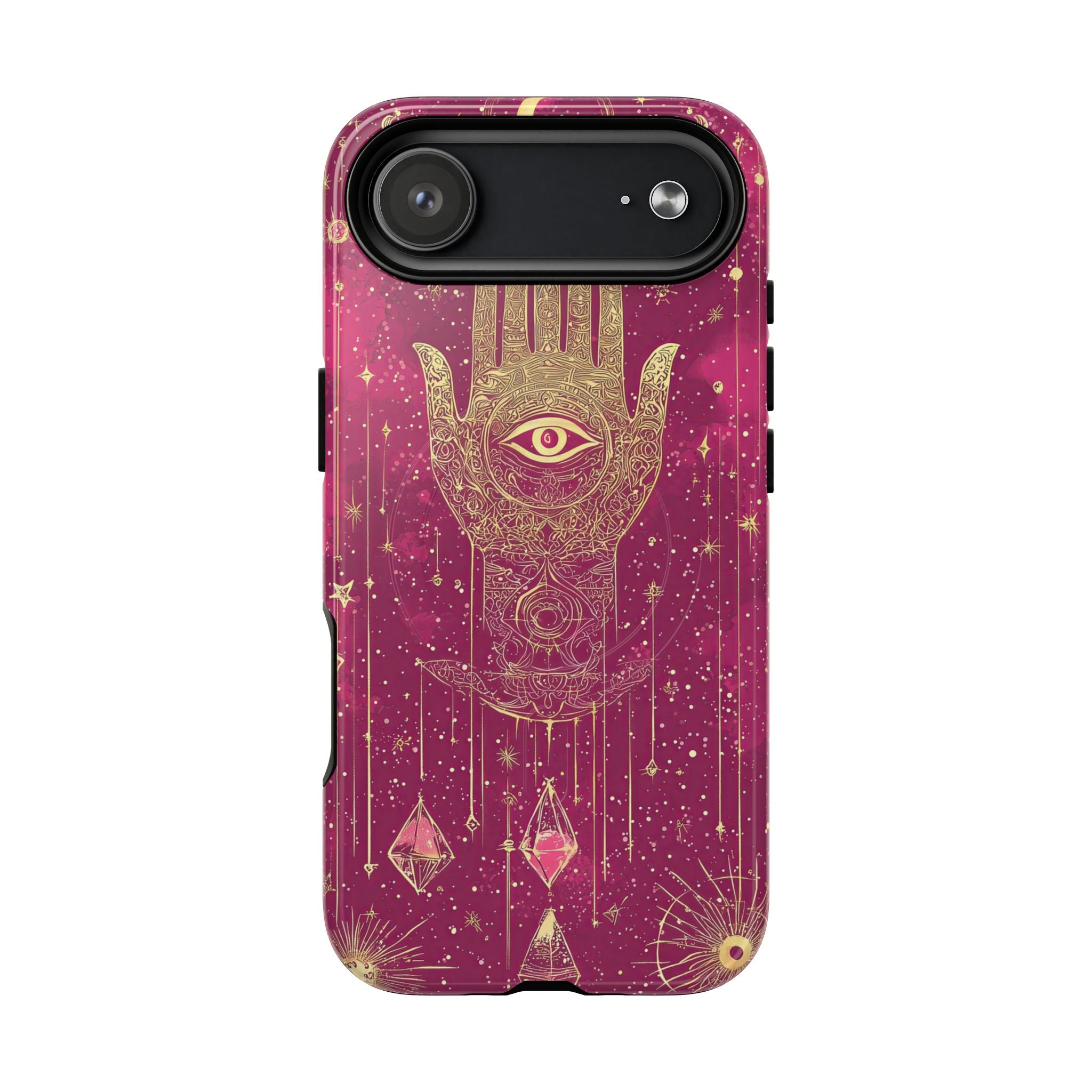 Custodia MagSafe per iPhone Mystic Hamsa | Palma dorata e occhio onniveggente su galassia magenta