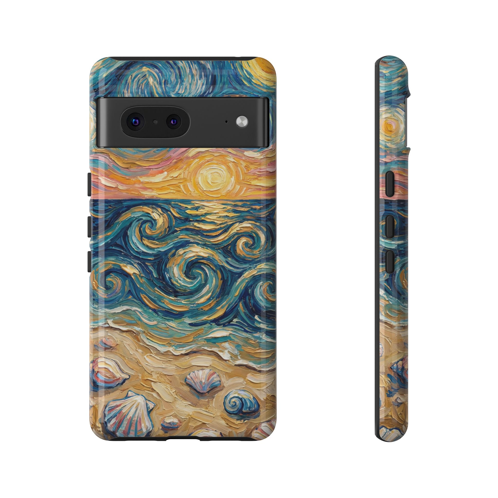 Sea Sunset Google Pixel Case — Van Gogh‑Style Beach Waves with Shells