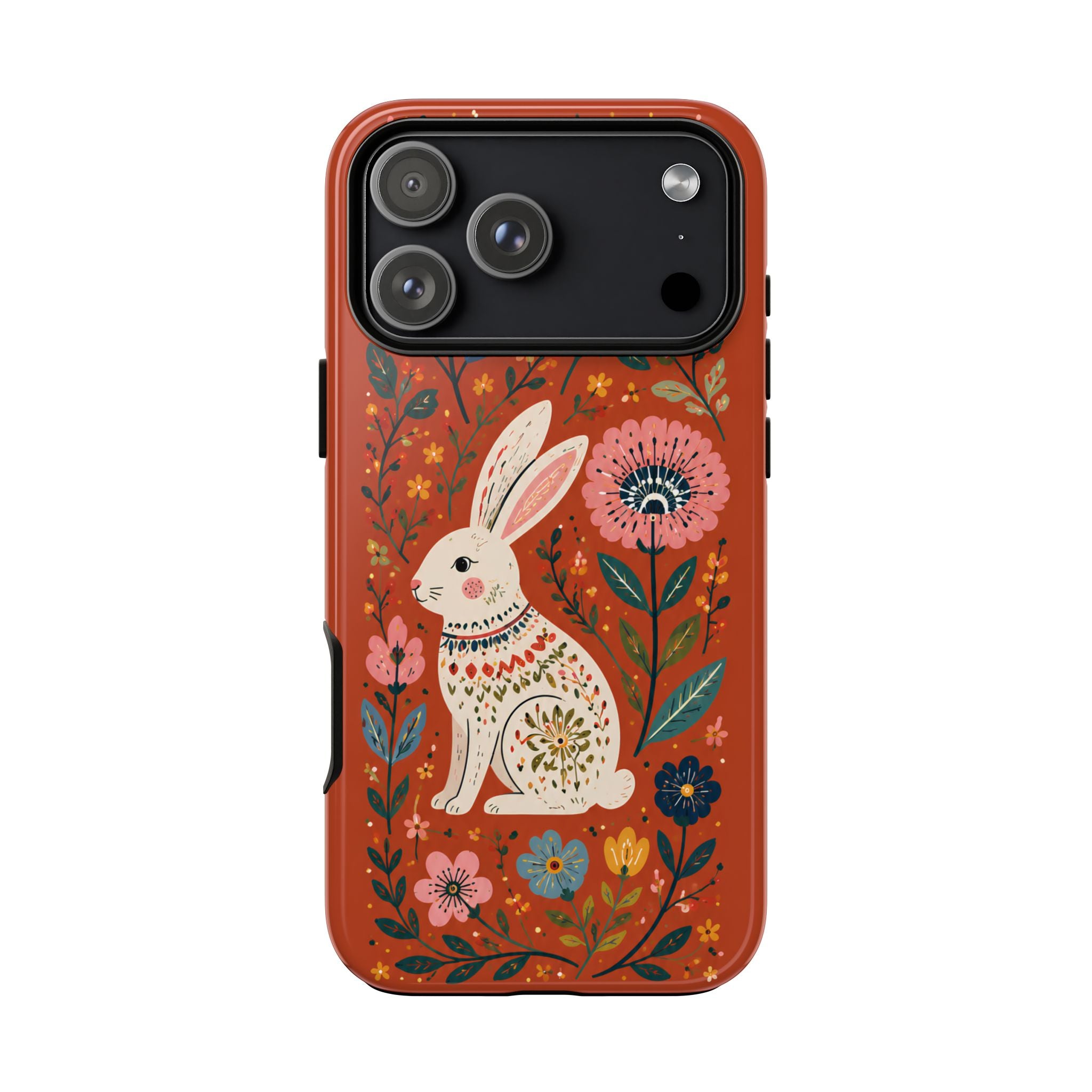 Floral Rabbit Tough iPhone Case | Protective Phone Case with Folk Art Bunny Design