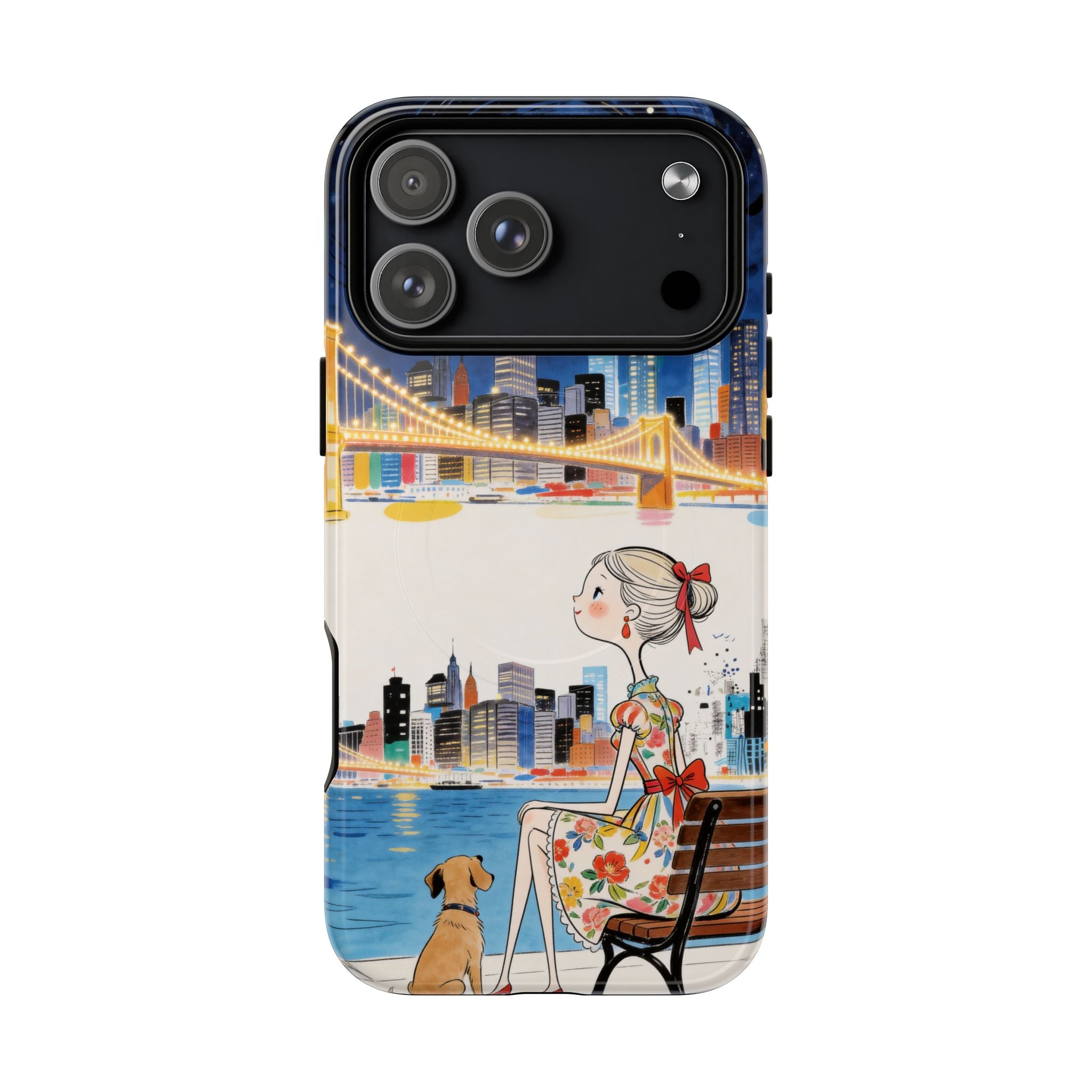 City Night MagSafe iPhone Case | Cute Girl & Dog Bench Illustration