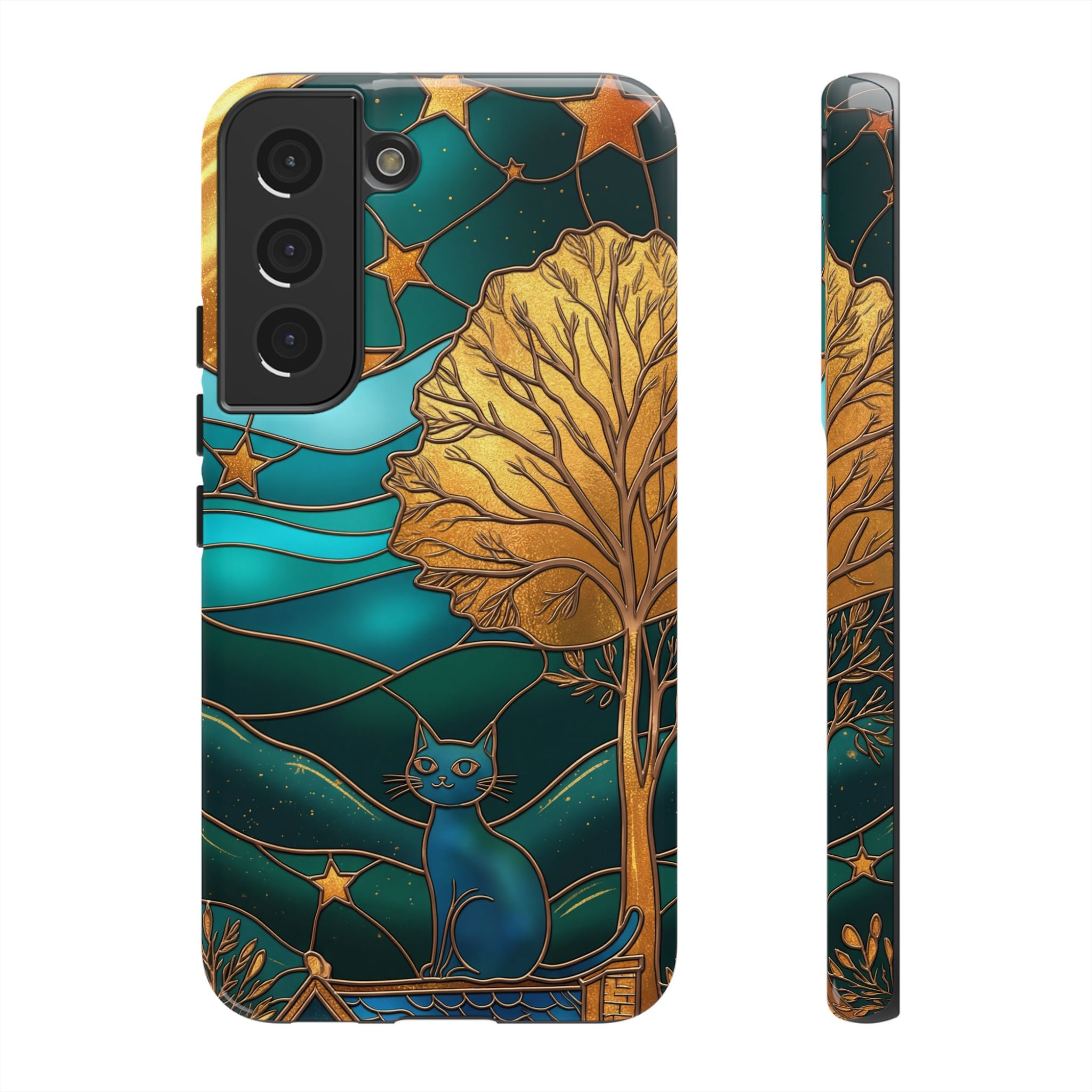 Stained Glass Cat Tough Samsung Galaxy Case | Gold Tree & Starry Night Design