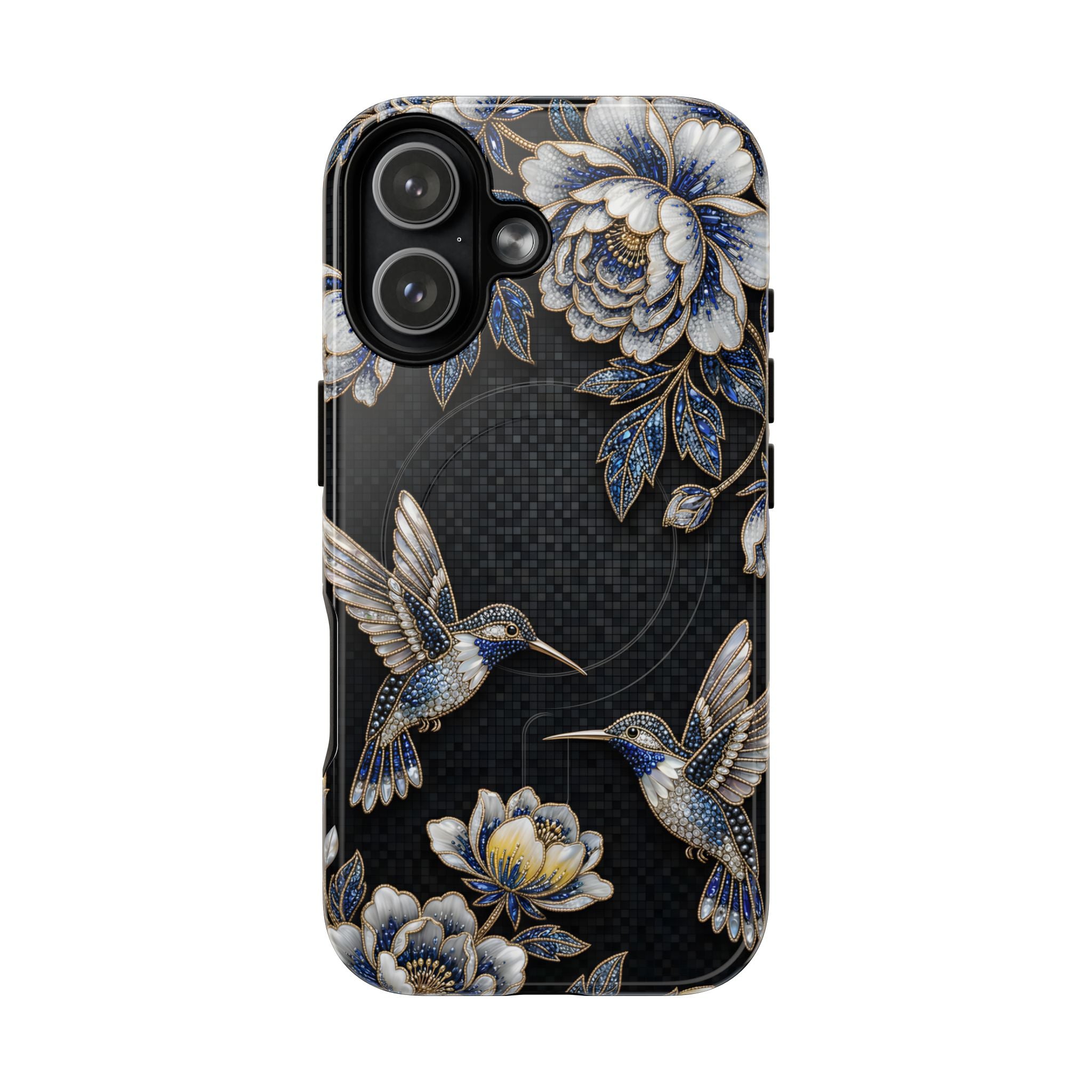 Hummingbird & Peony Floral MagSafe iPhone Case | Elegant Black Protective Cover