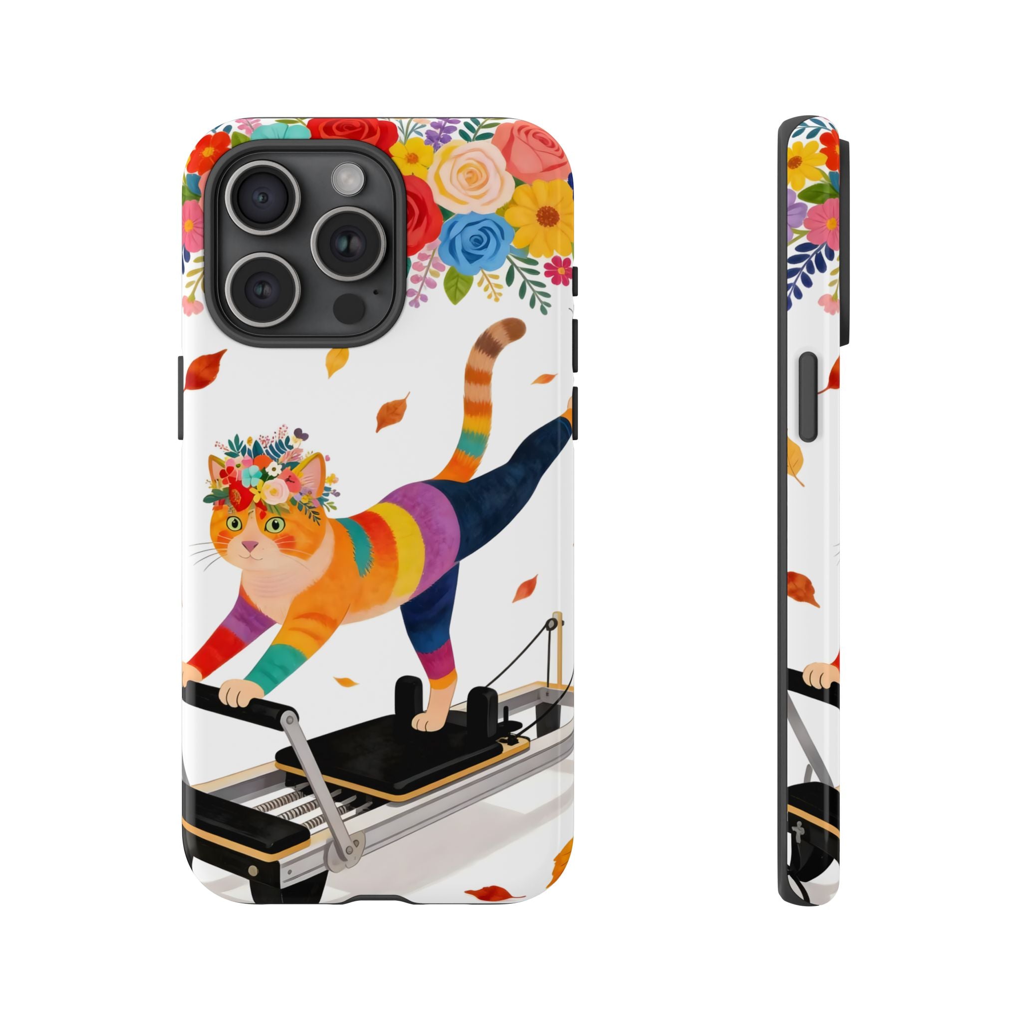 Cat Pilates iPhone Case | Floral Rainbow Cat on Reformer