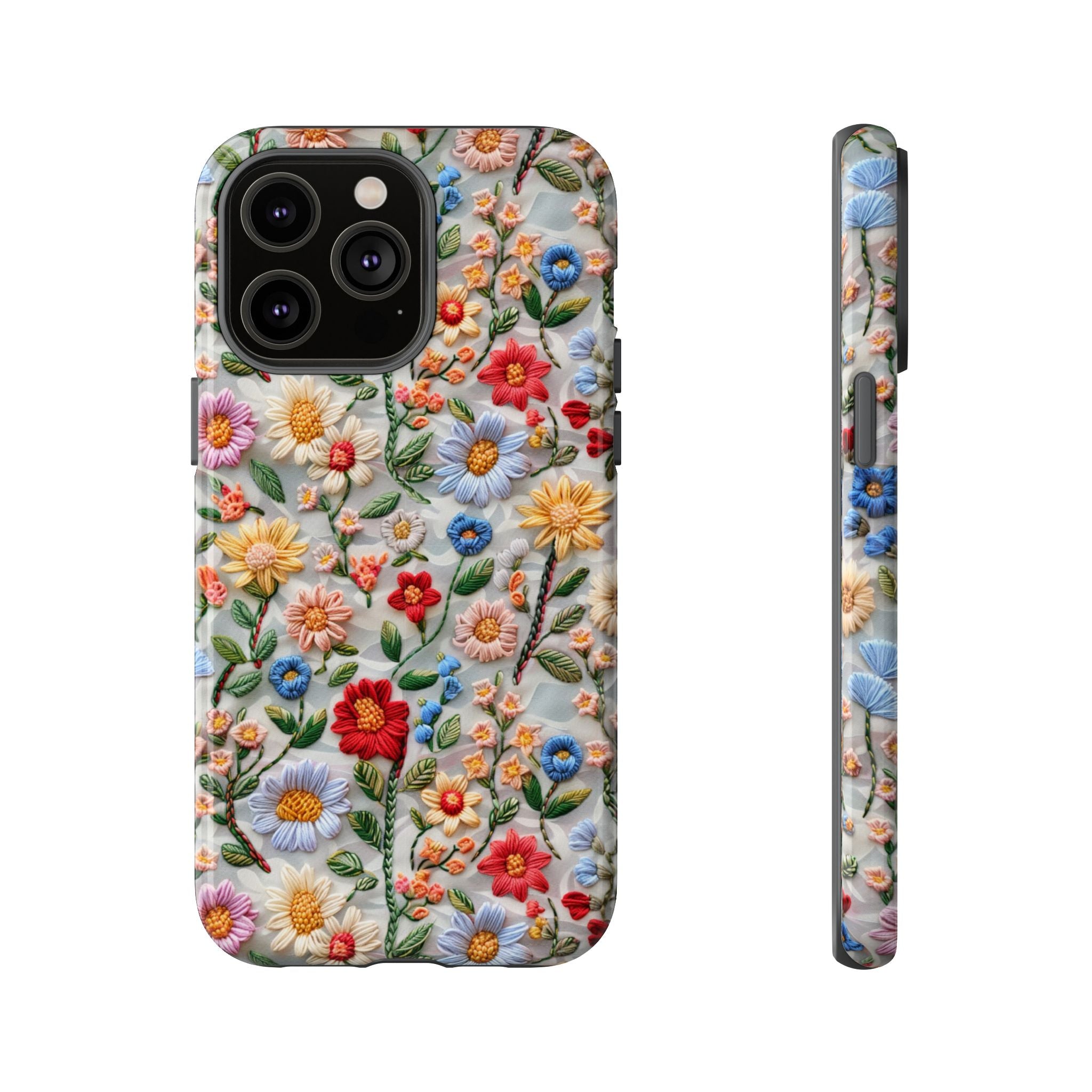 Floral Embroidered Pattern Tough iPhone Case — Colourful Daisy & Wildflower Design