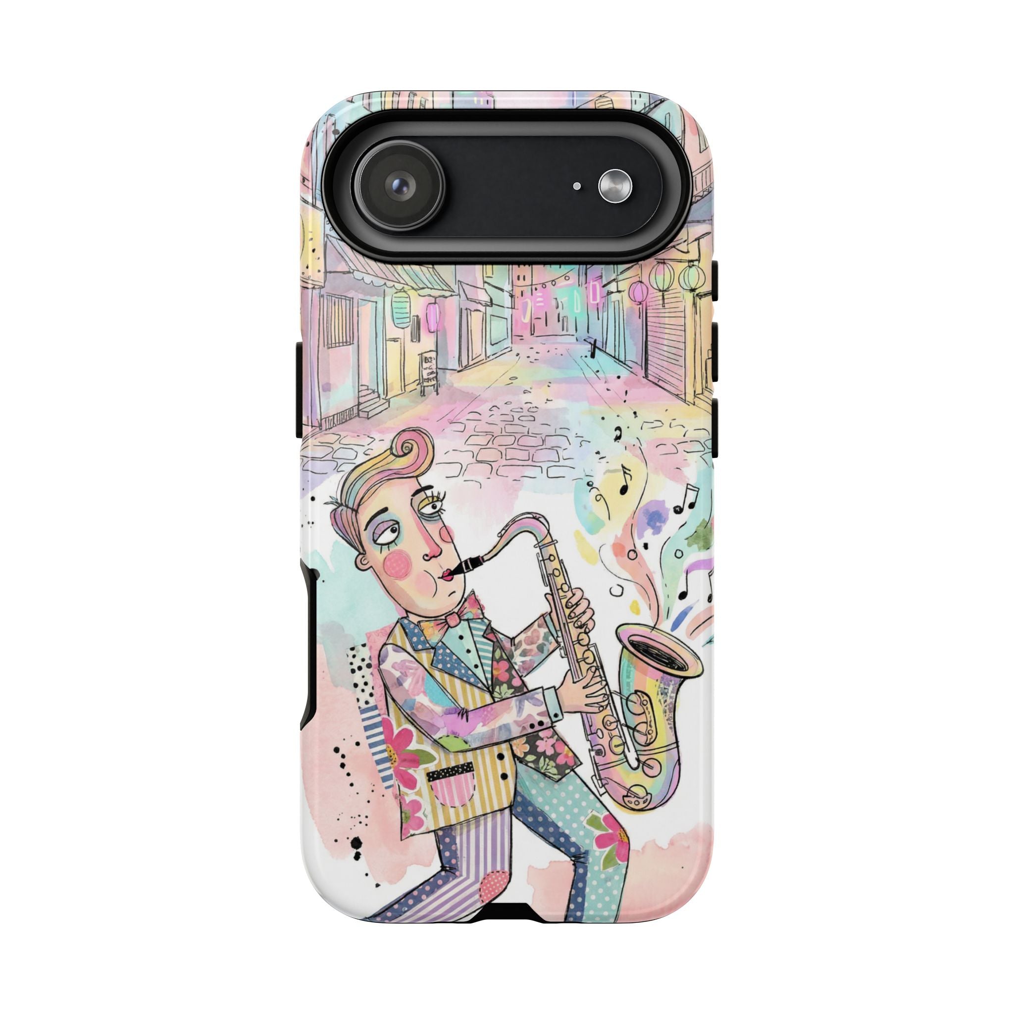 Sax Player Art iPhone Case | Pastel Jazz Street Illustration