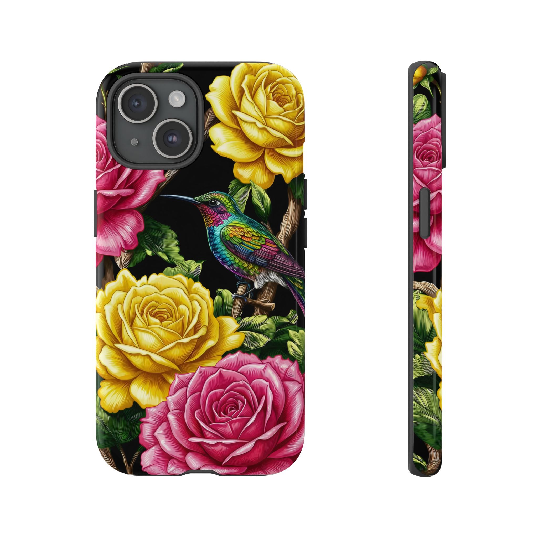 Floral Hummingbird Tough iPhone Case | Vibrant Rose & Yellow Garden Protection
