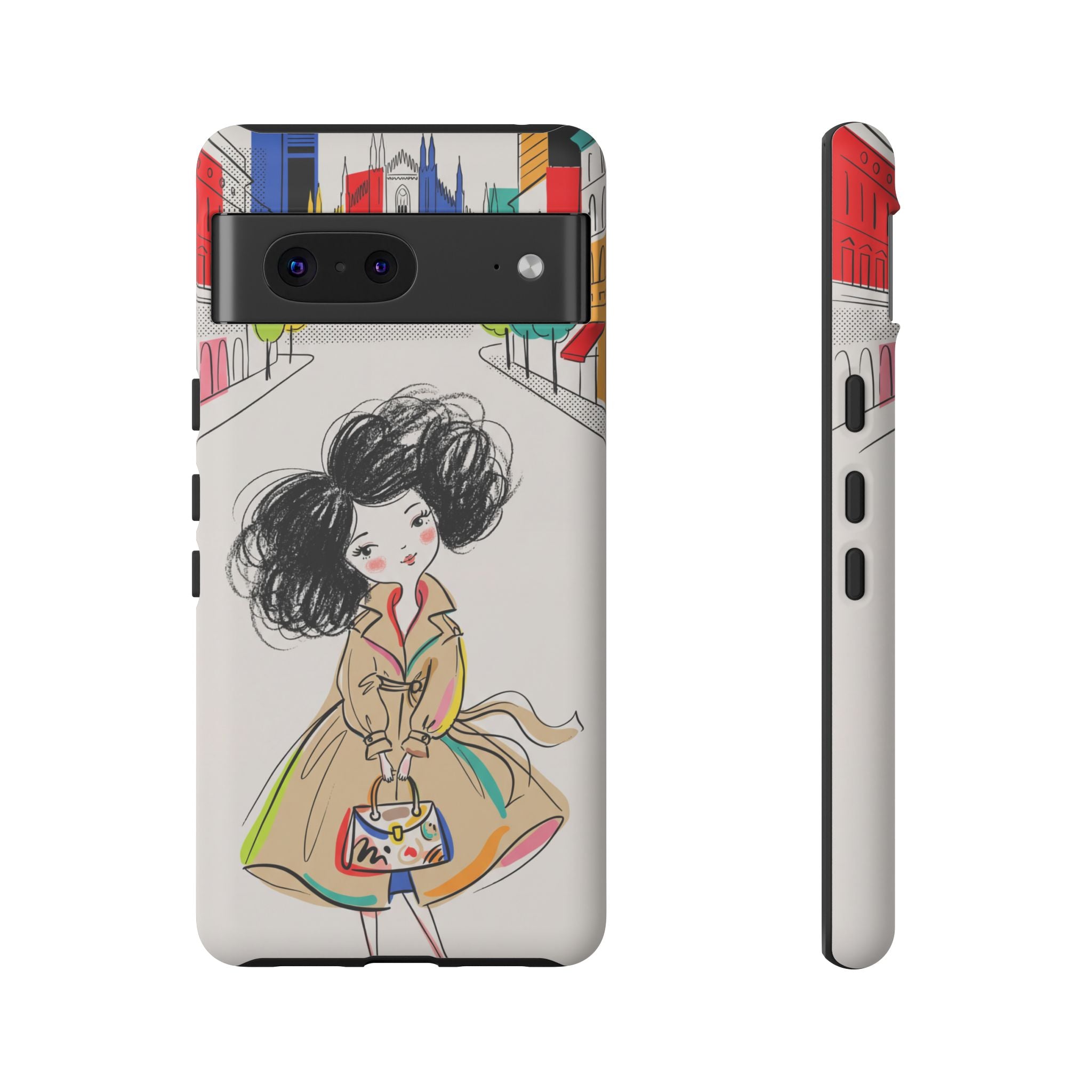 Illustrated Trench Coat Fashion Chic City Girl Google Pixel Phone Case