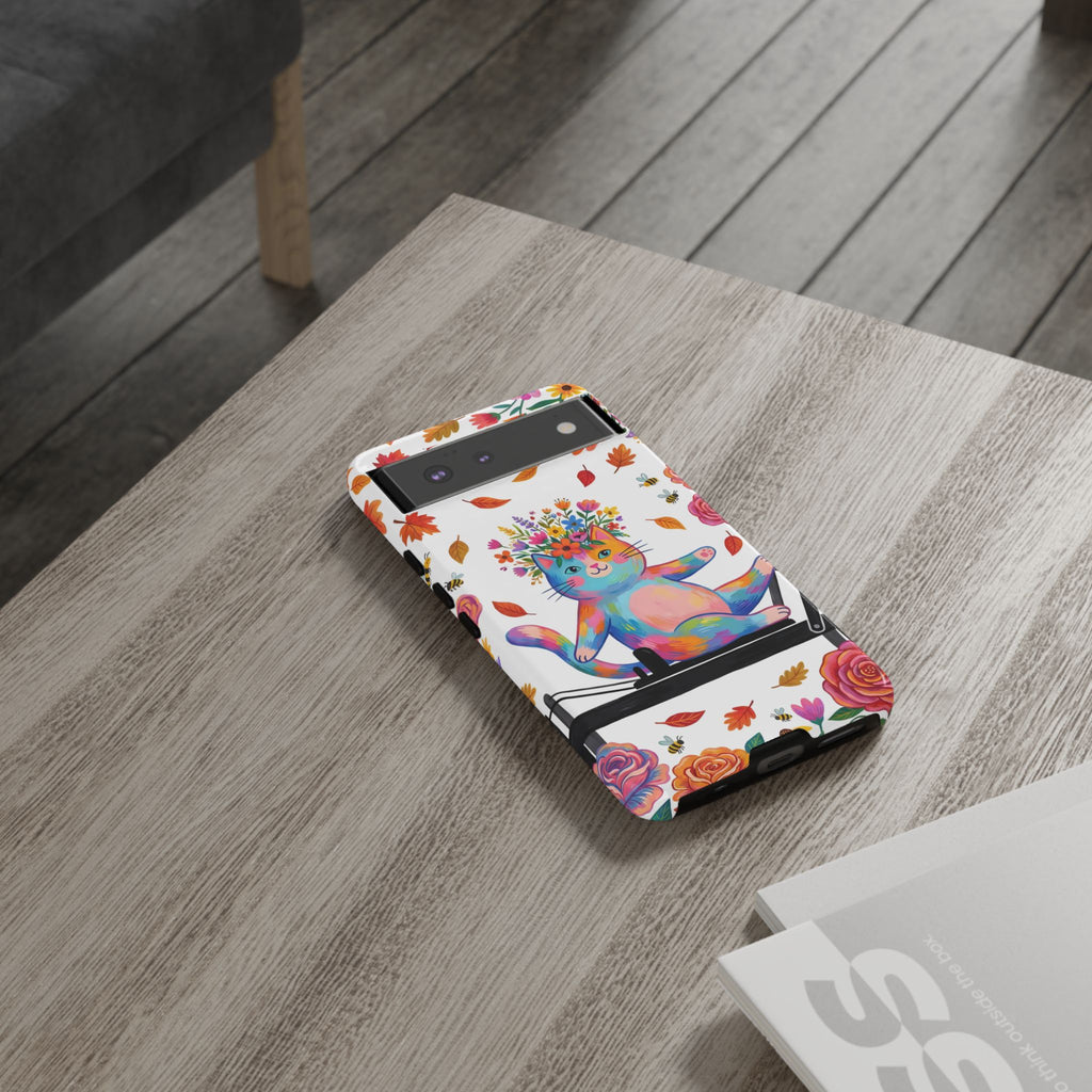 Custodia protettiva per Google Pixel con gatto floreale colorato su Pilates Reformer