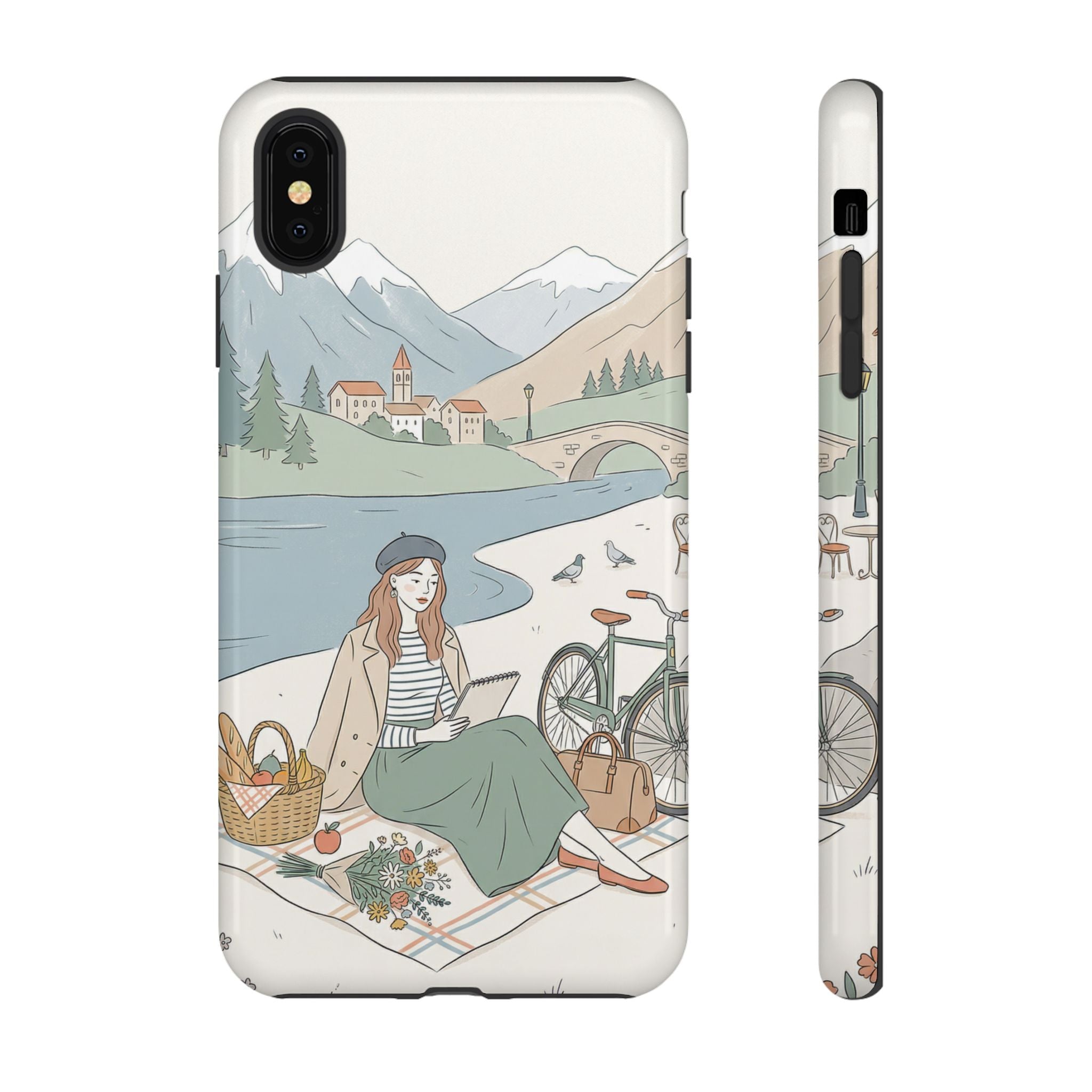 Scenic Picnic iPhone Case | Vintage Bicycle & Mountain Illustration