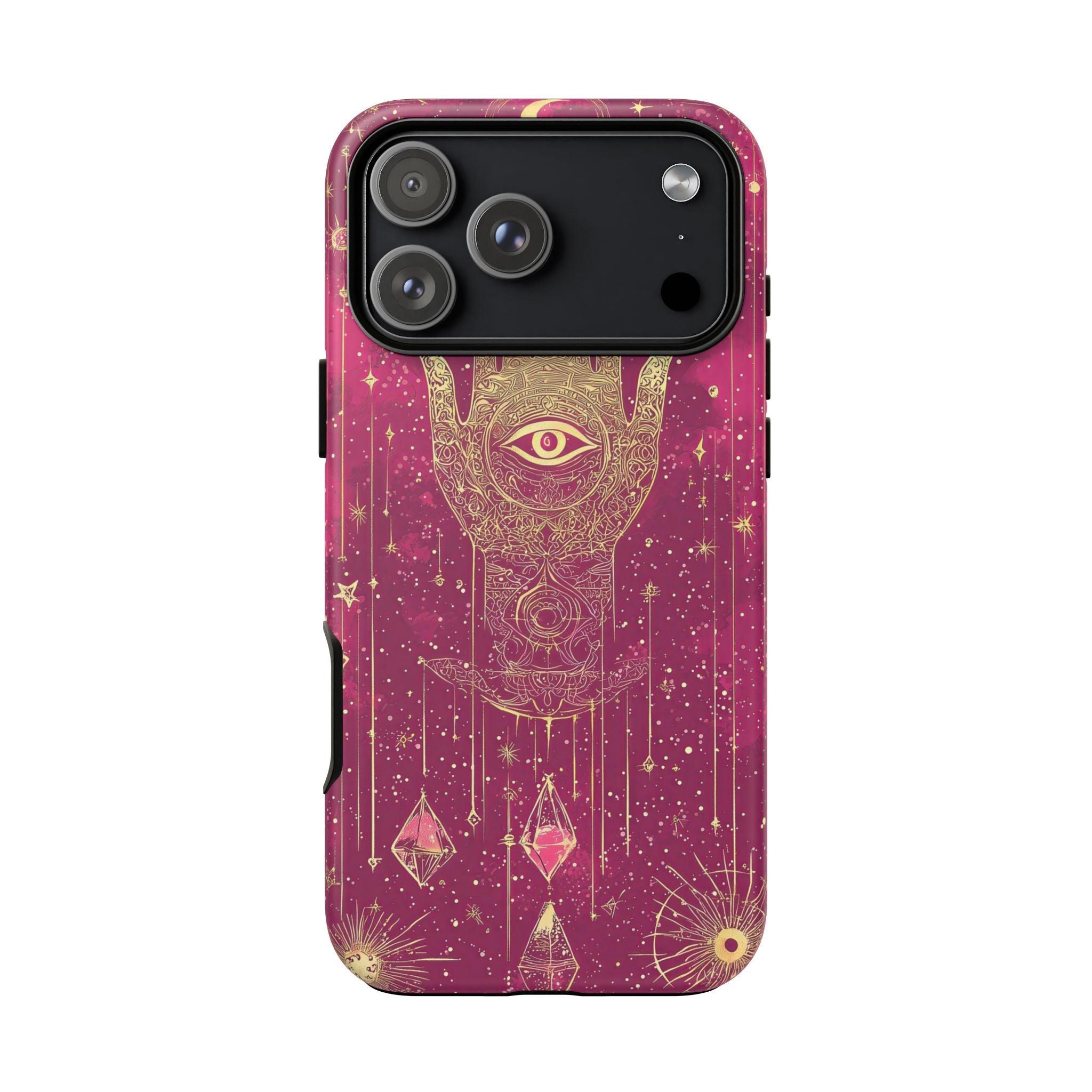 Mystic Hamsa iPhone Case | Gold Palm & All-Seeing Eye on Magenta Galaxy