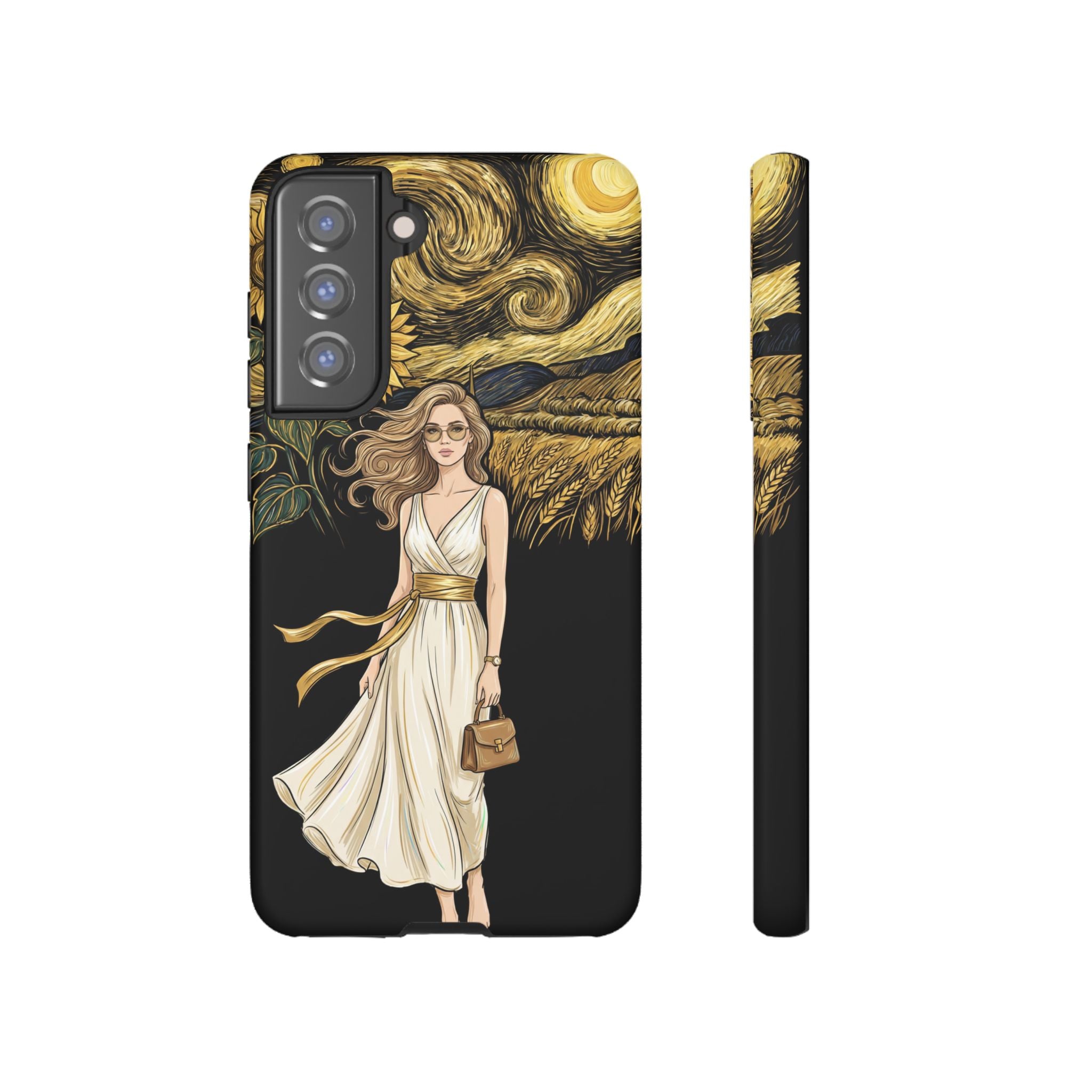 Sunflower Night Samsung Galaxy Phone Case | Woman in Flowing Dress Van Gogh Style