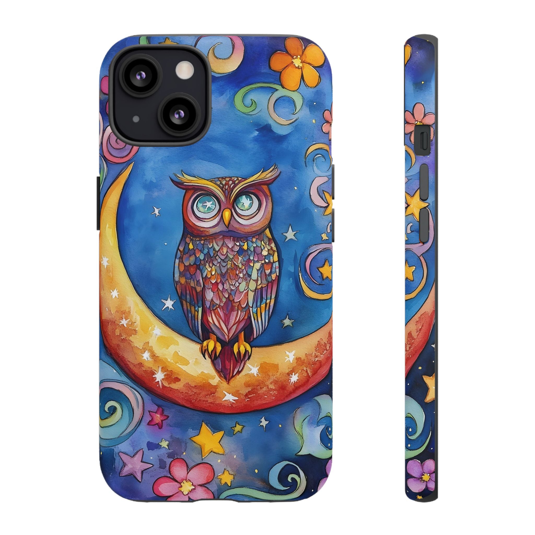 Owl on Crescent Moon iPhone Case — Colourful Whimsical Night Sky Design