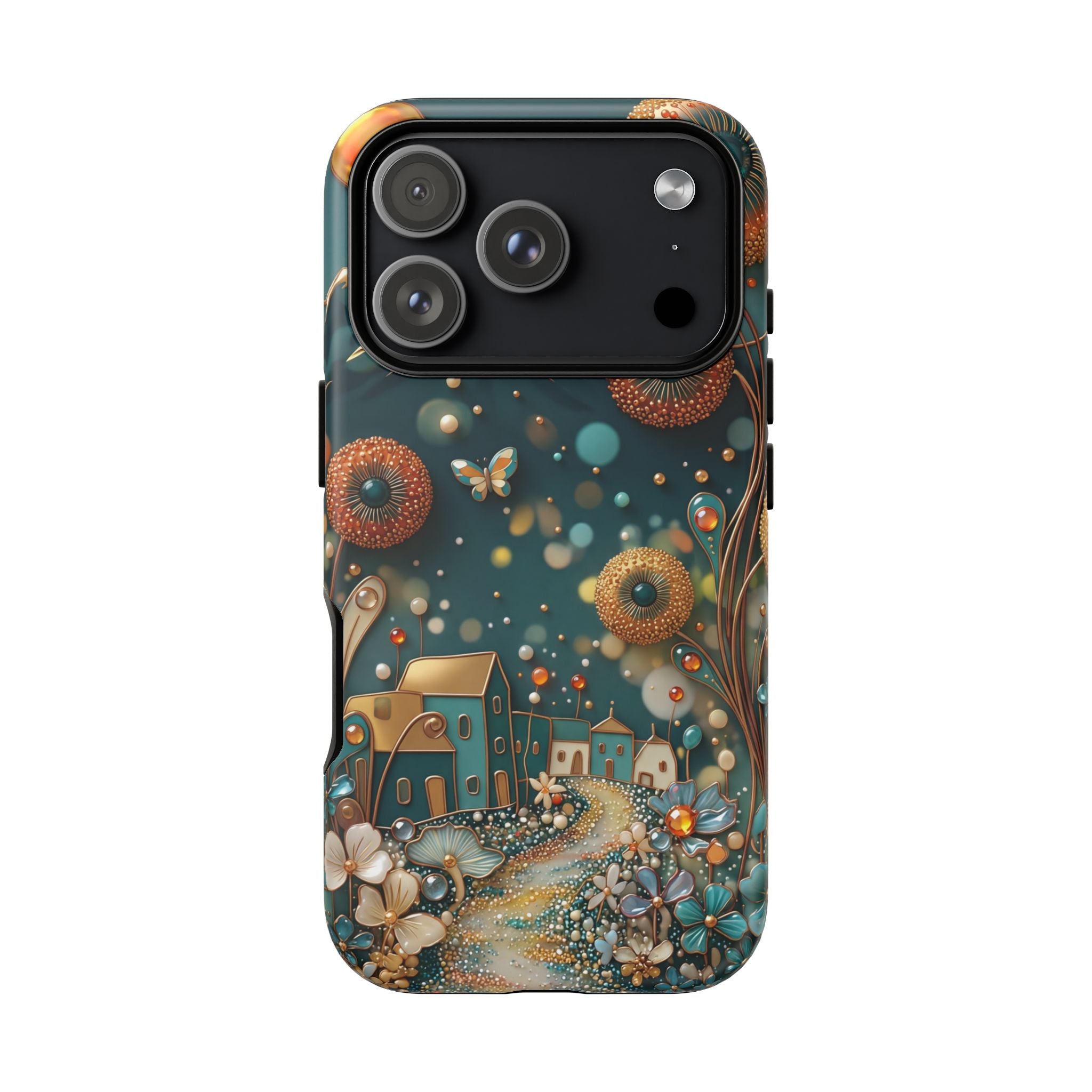 Whimsical Night Village iPhone Case | Floral Moonlit Art Tough Case