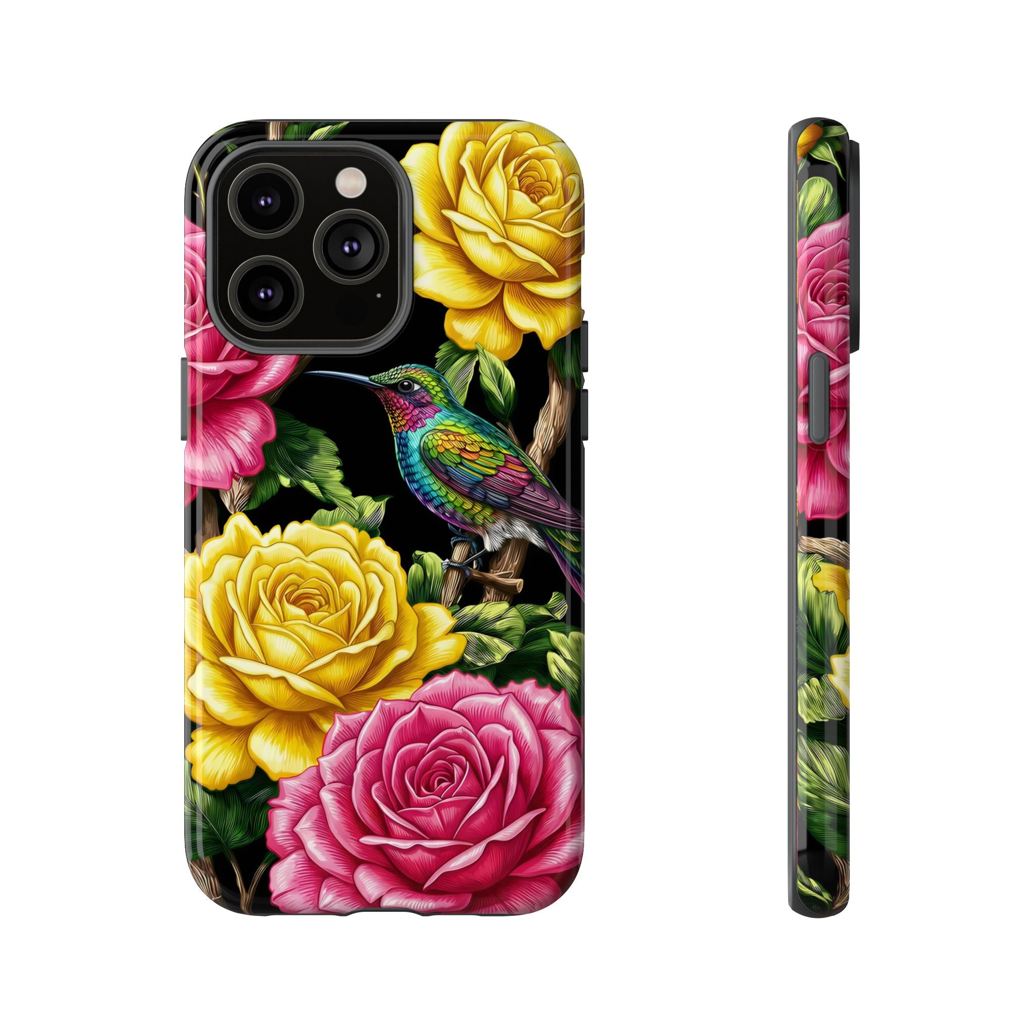 Floral Hummingbird Tough iPhone Case | Vibrant Rose & Yellow Garden Protection