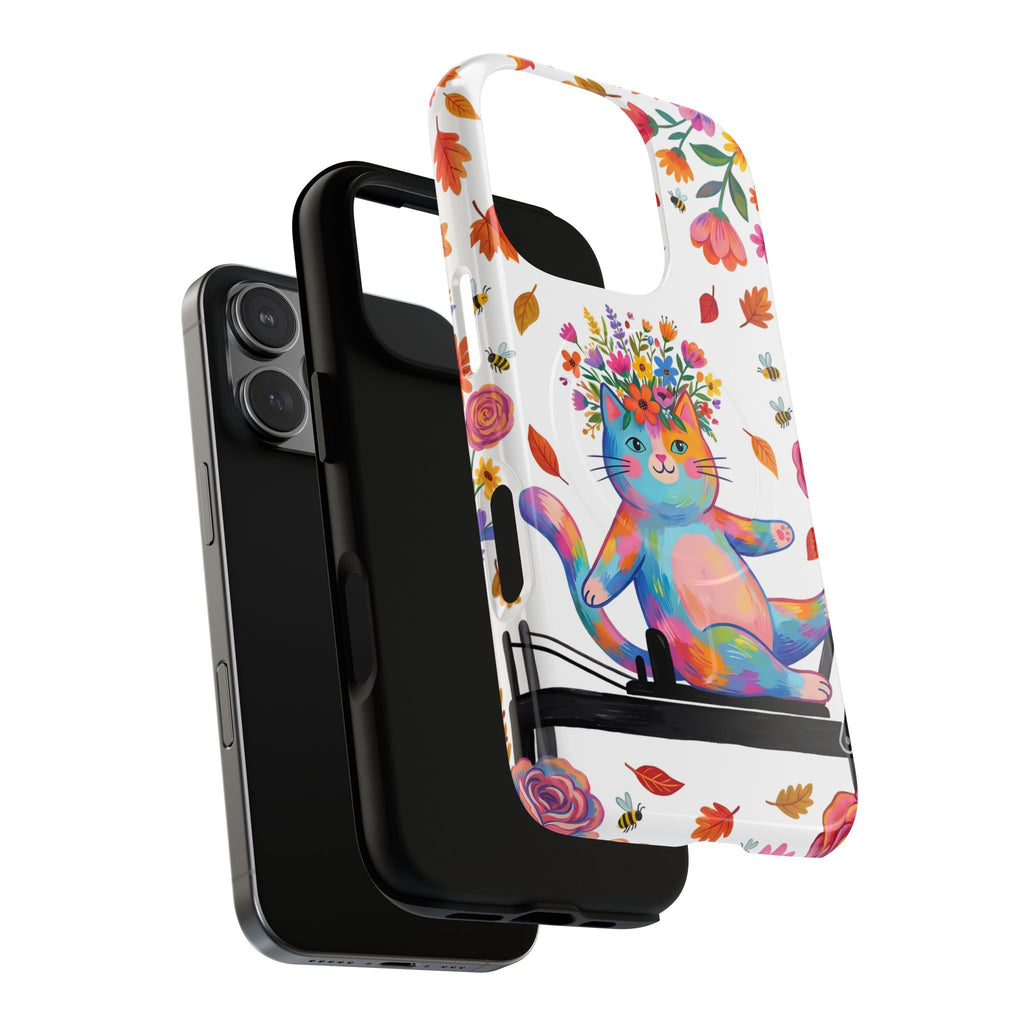 Colorful Floral Cat on Pilates Reformer Protective MagSafe iPhone Case
