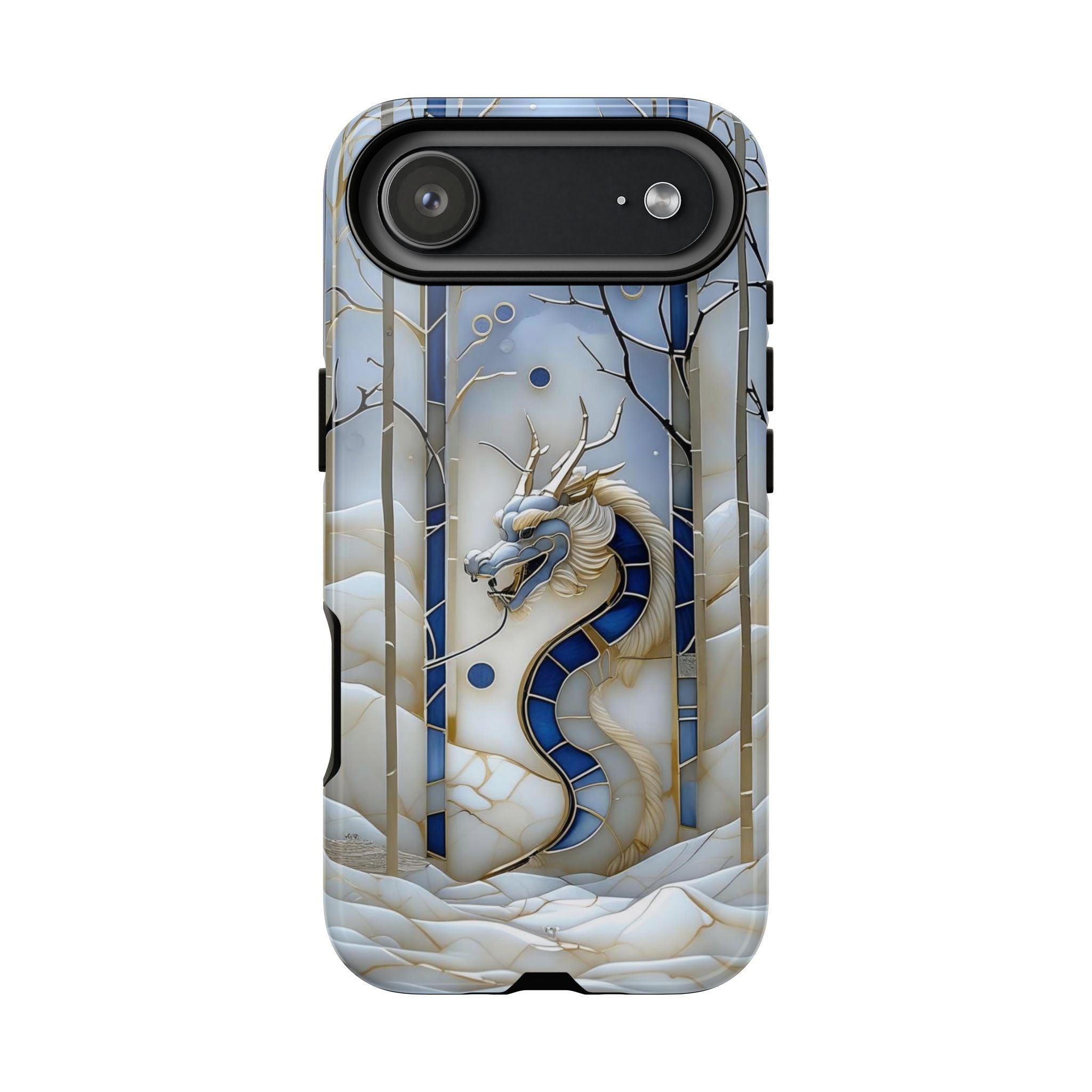 Dragon Stained Glass iPhone Case — Blue Winter Forest Protective Cover