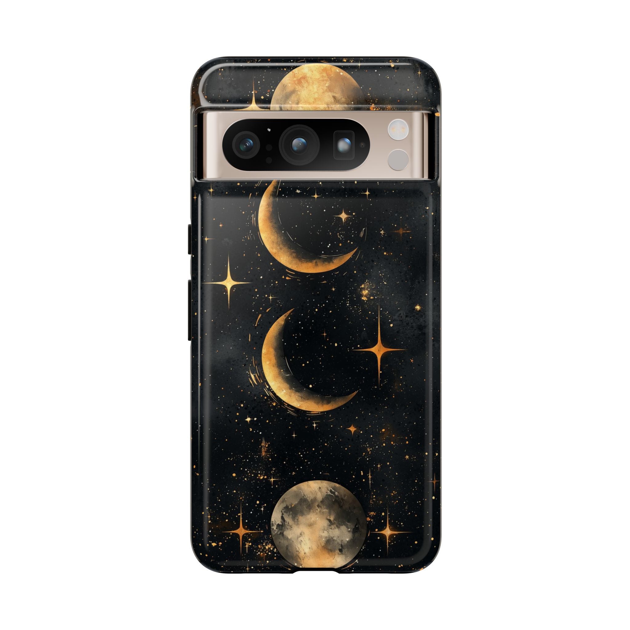Celestial Moon Phases Tough Google Pixel Case | Gold Crescent & Full Moon Galaxy Design
