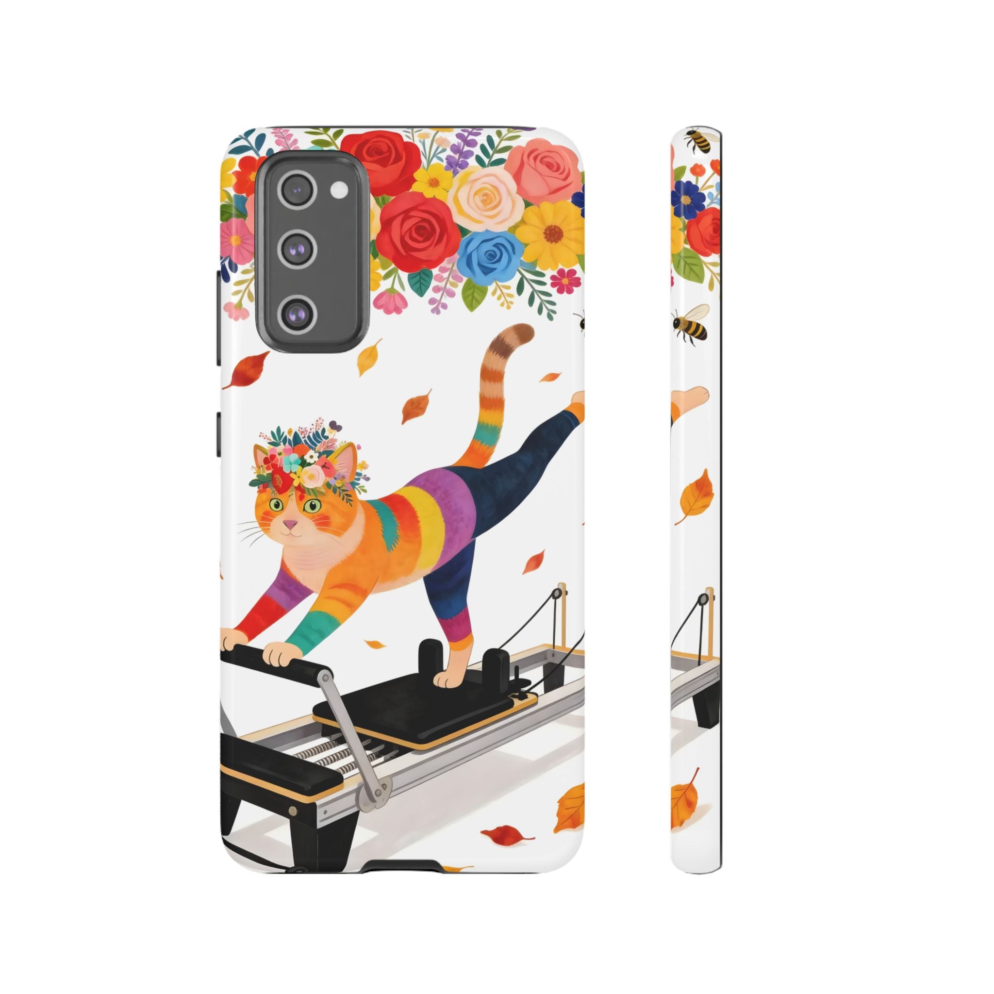 Cat Pilates Samsung Galaxy Phone Case | Floral Rainbow Cat on Reformer