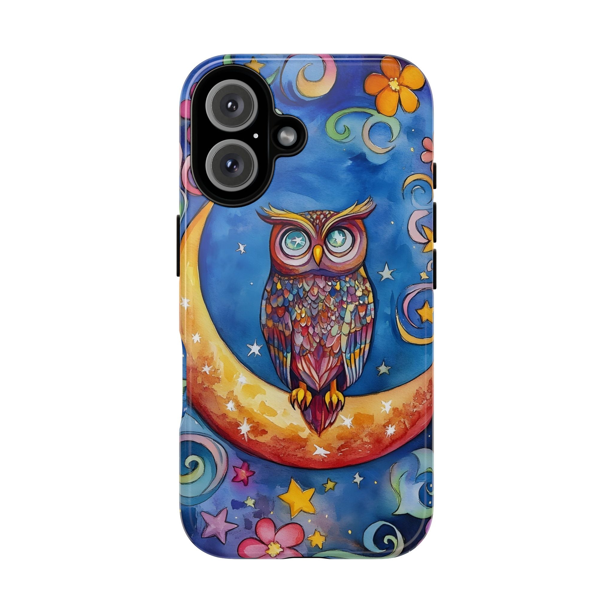 Owl on Crescent Moon iPhone Case — Colourful Whimsical Night Sky Design