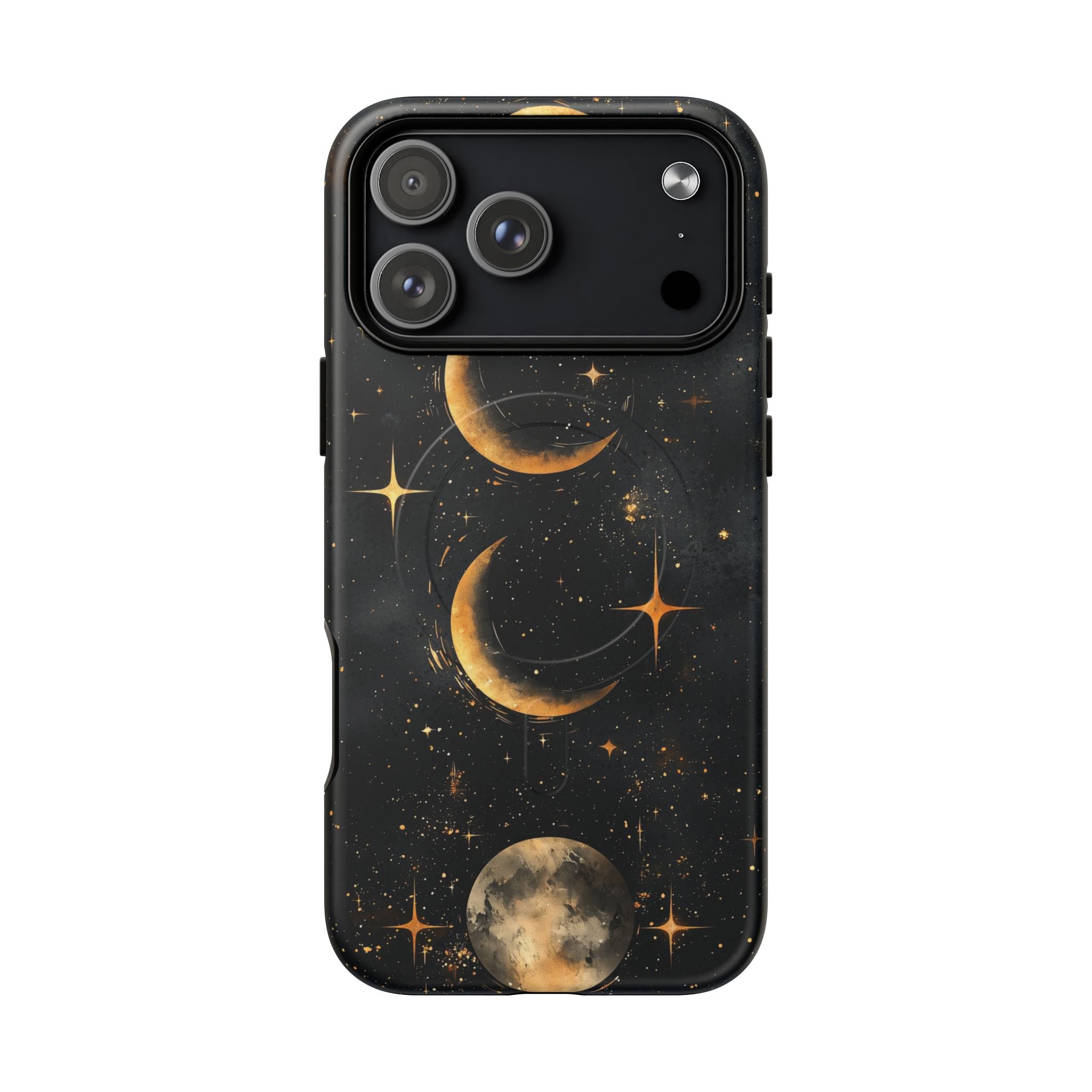 Custodia rigida MagSafe per iPhone con fasi lunari celestiali | Design a forma di galassia con mezzaluna dorata e luna piena