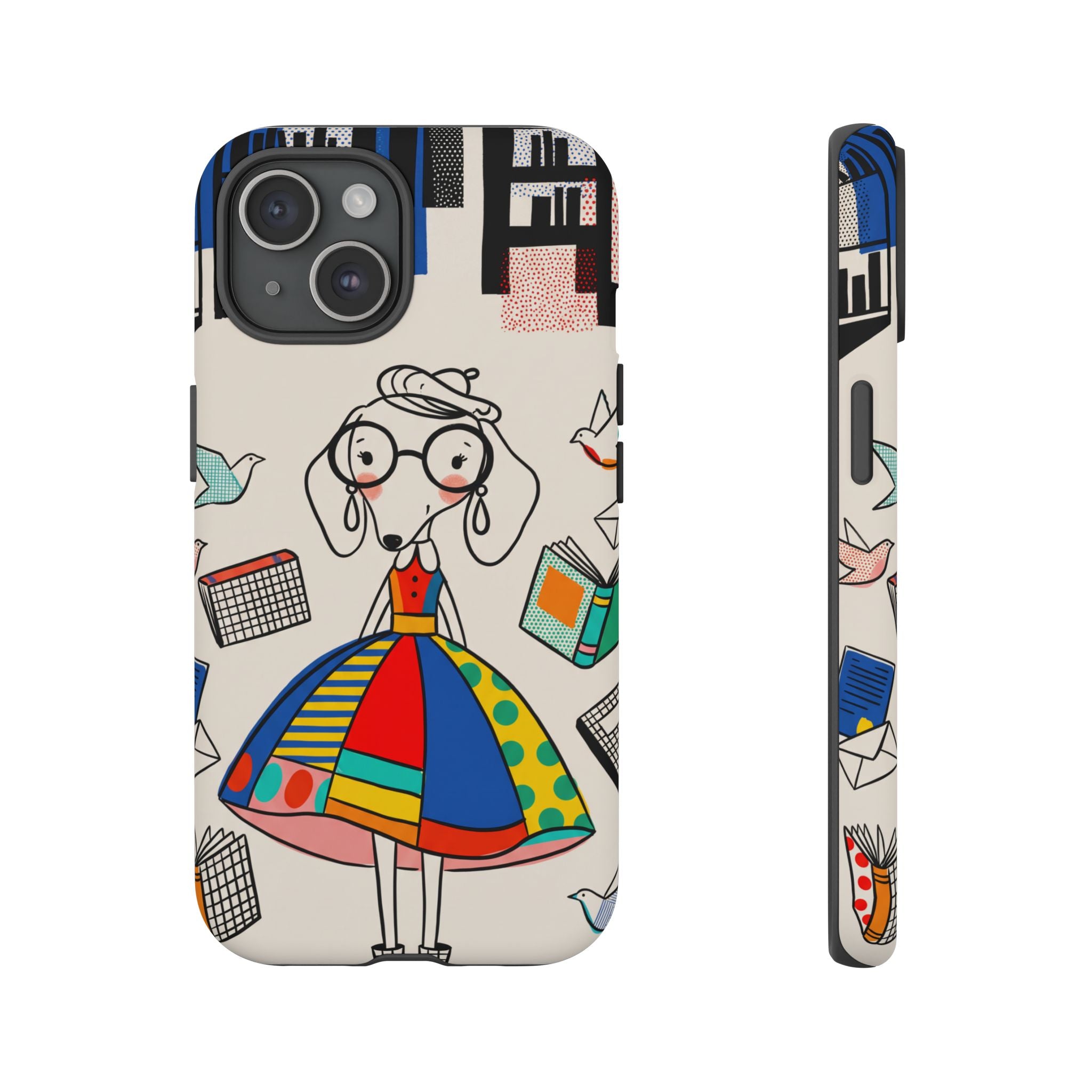 Cute Dachshund Dog Illustration iPhone Case | Colorful Whimsical Book & Bird Design