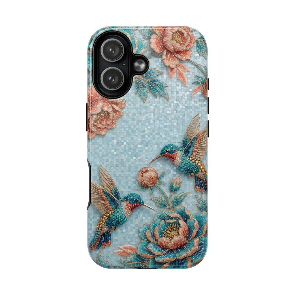 Cover iPhone MagSafe Resistente Floreale Colibrì | Design da Giardino Blu Vintage