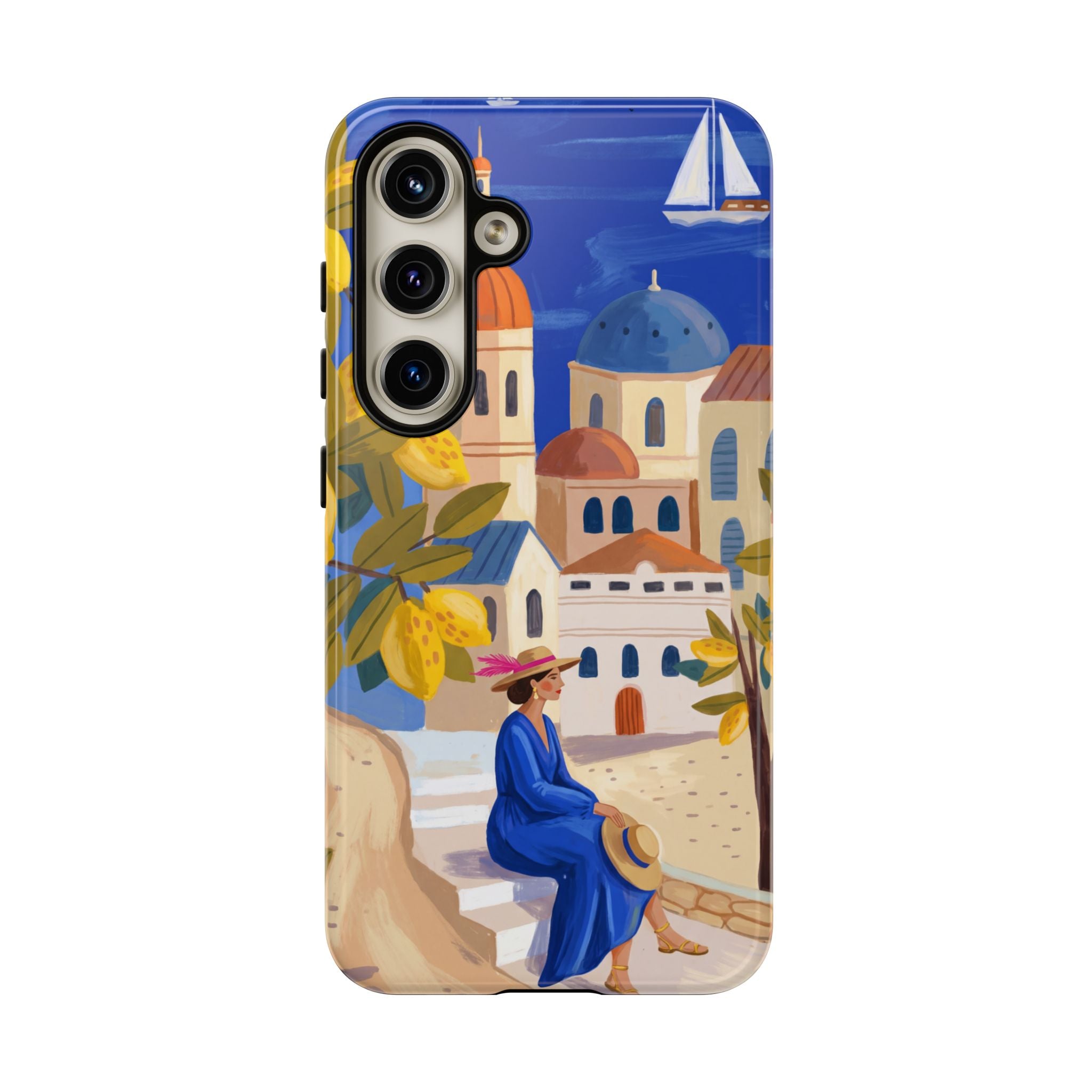Mediterranean Village Samsung Galaxy Phone Case | Scenic Sailboat & Lemon Grove Design