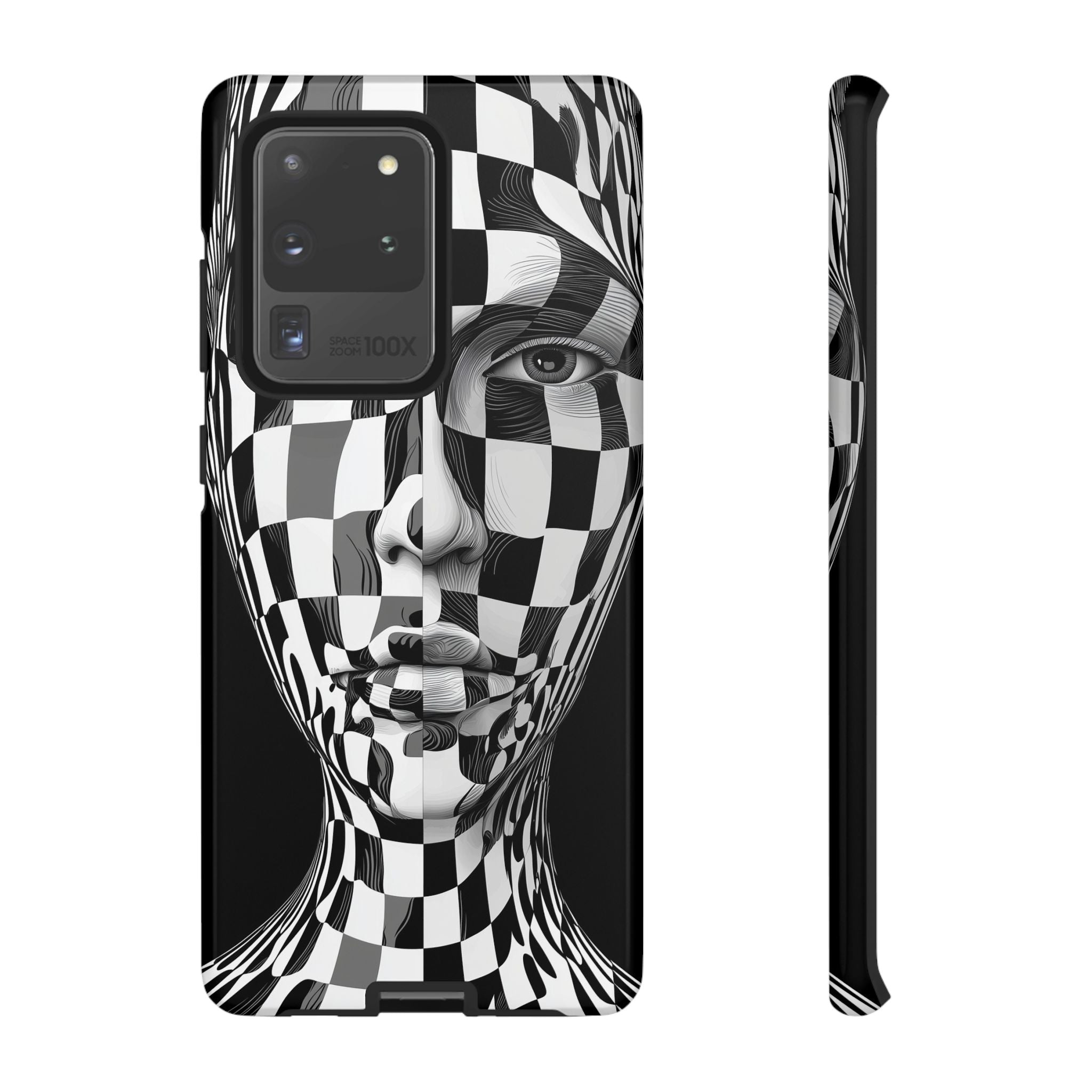 Checkerboard Face Tough Samsung Galaxy Case — Black & White Surreal Art Protective Cover