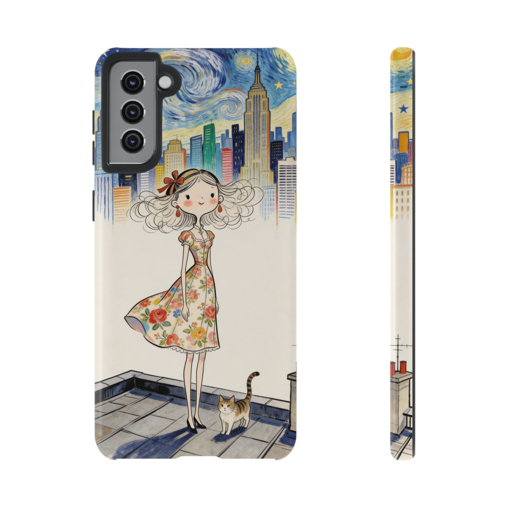 Artistic Girl Cityscape Samsung Galaxy Phone Case | Cute Floral Dress Rooftop Design