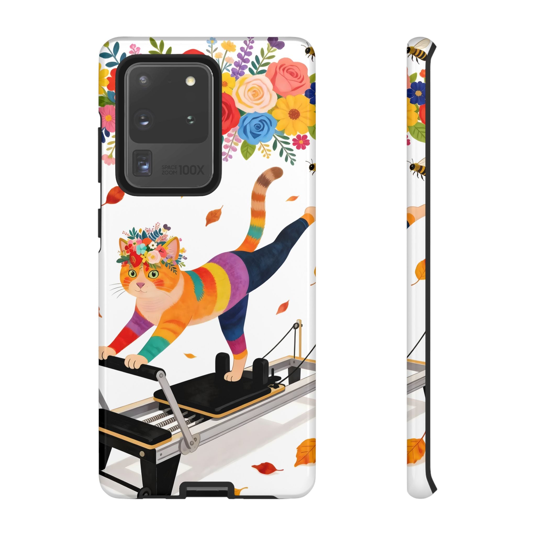 Cat Pilates Samsung Galaxy Phone Case | Floral Rainbow Cat on Reformer