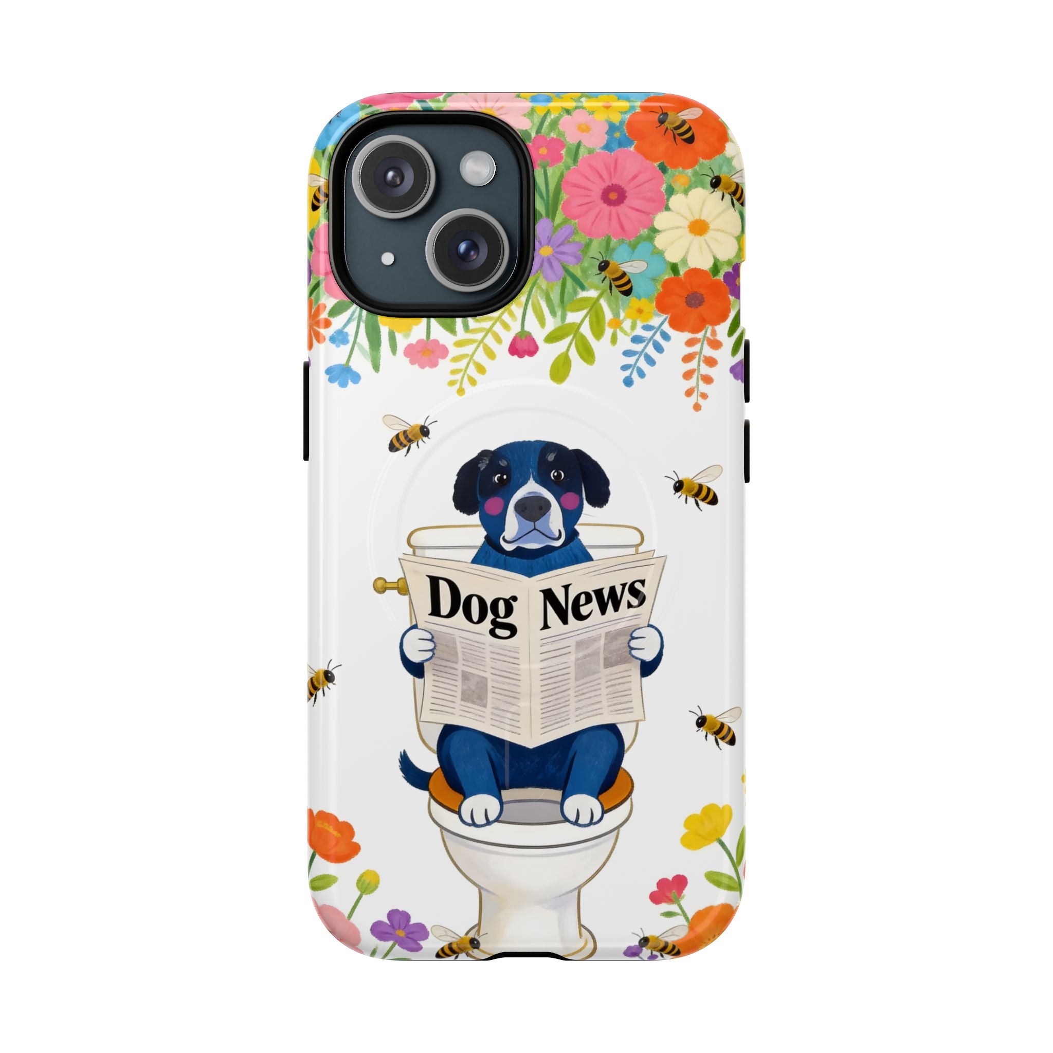Dog News Floral MagSafe iPhone Case | Cute Dog on Toilet Pattern, Spring Floral iPhone Cover