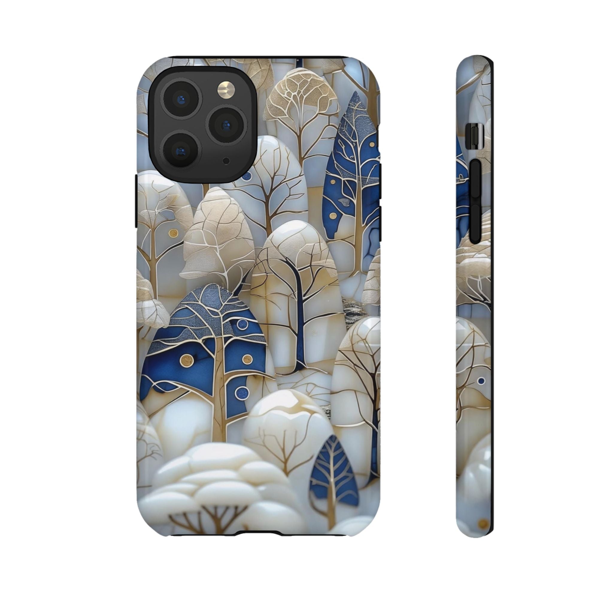 Blue Gold Winter Forest iPhone Case — Elegant Tree Pattern Tough Case