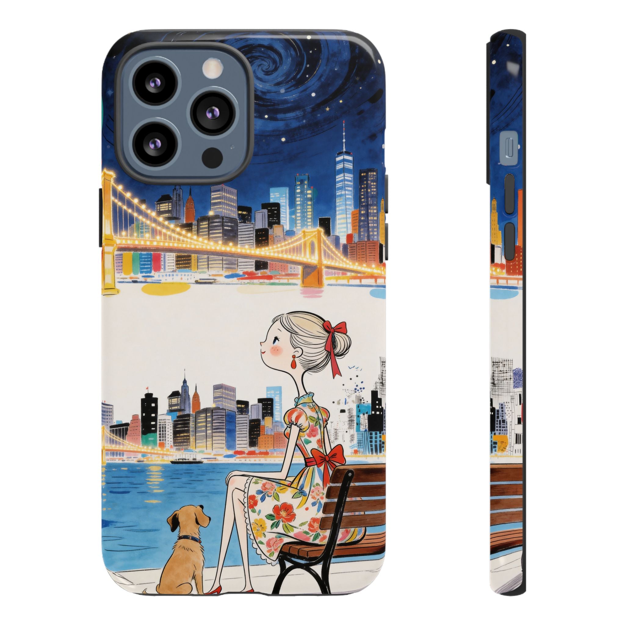 City Night iPhone Case | Cute Girl & Dog Bench Illustration