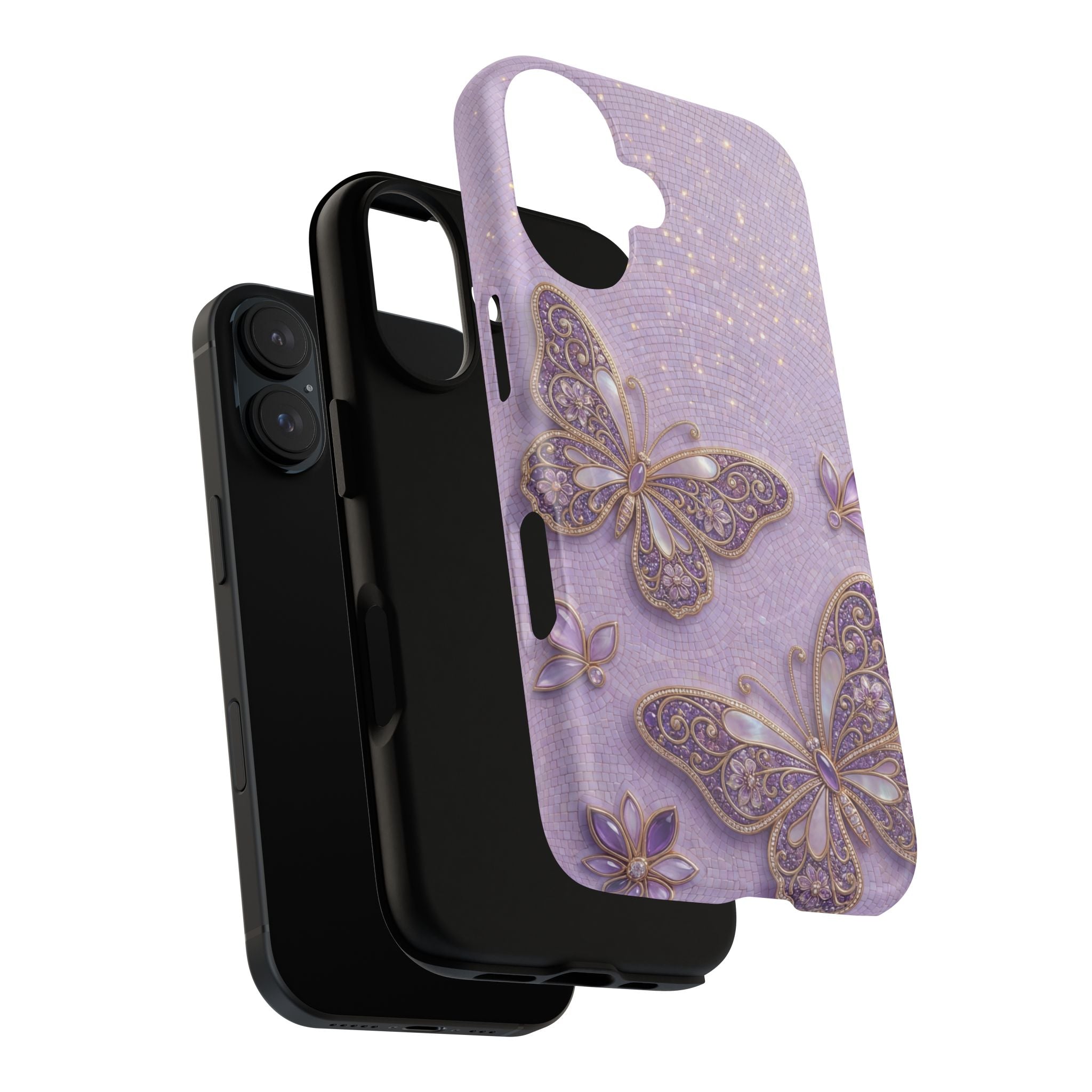 Purple Butterfly Tough MagSafe iPhone Case | Sparkling Floral Protective Cover