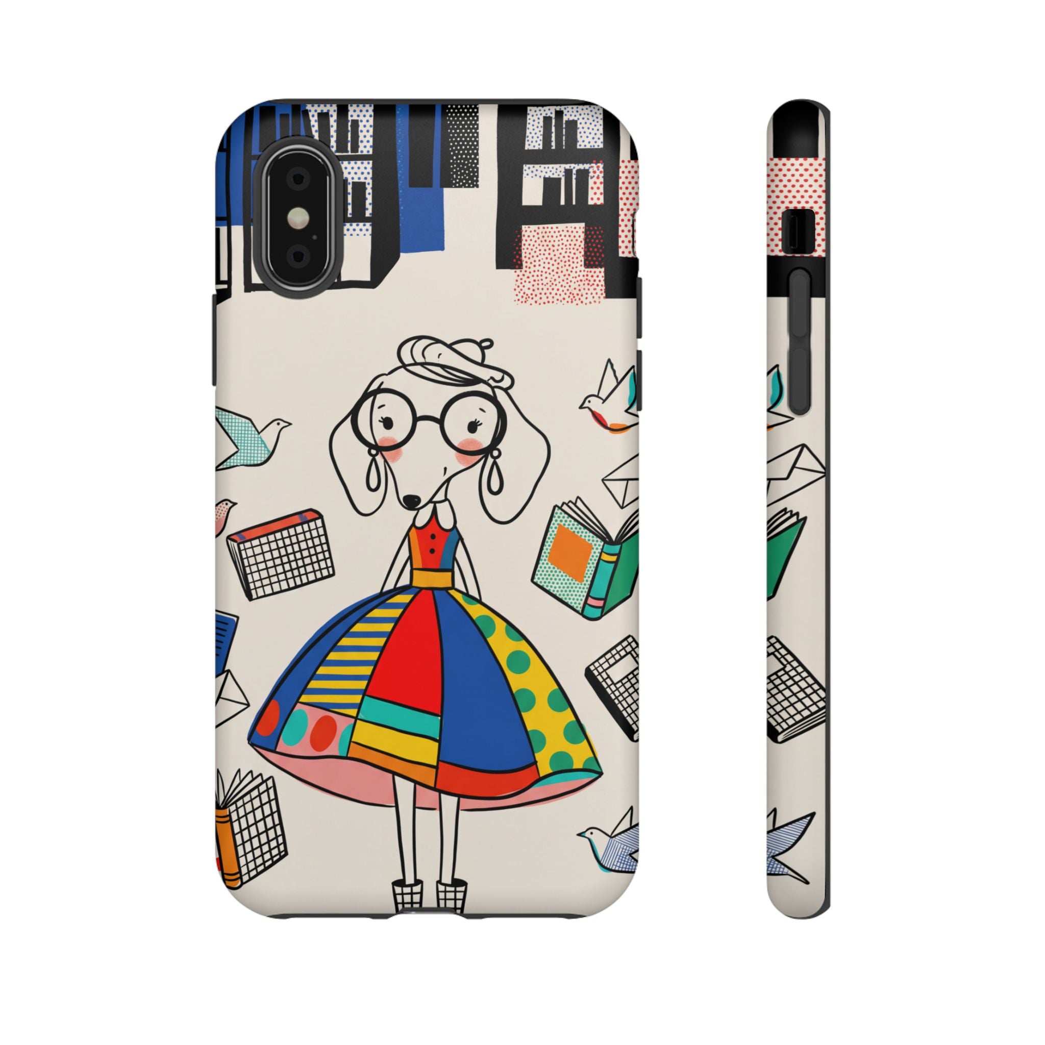 Cute Dachshund Dog Illustration iPhone Case | Colorful Whimsical Book & Bird Design