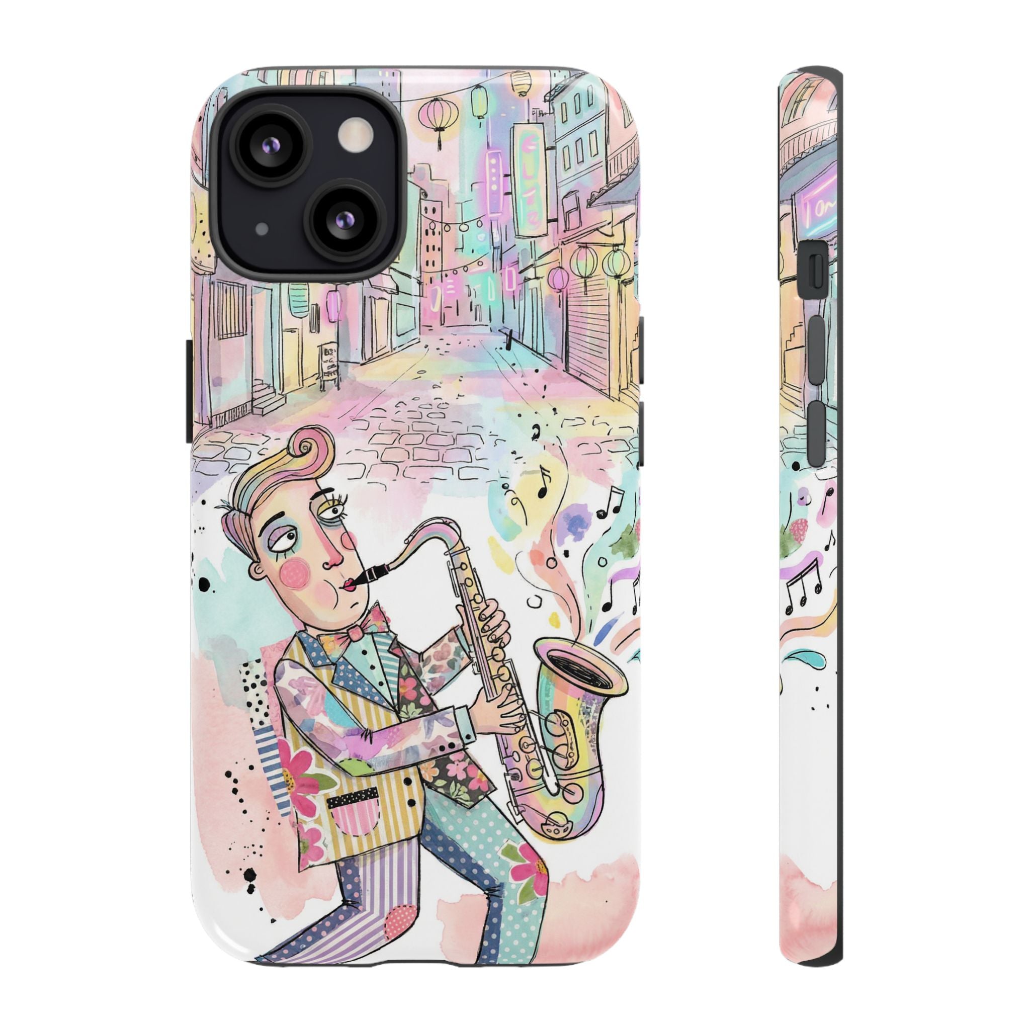Sax Player Art iPhone Case | Pastel Jazz Street Illustration