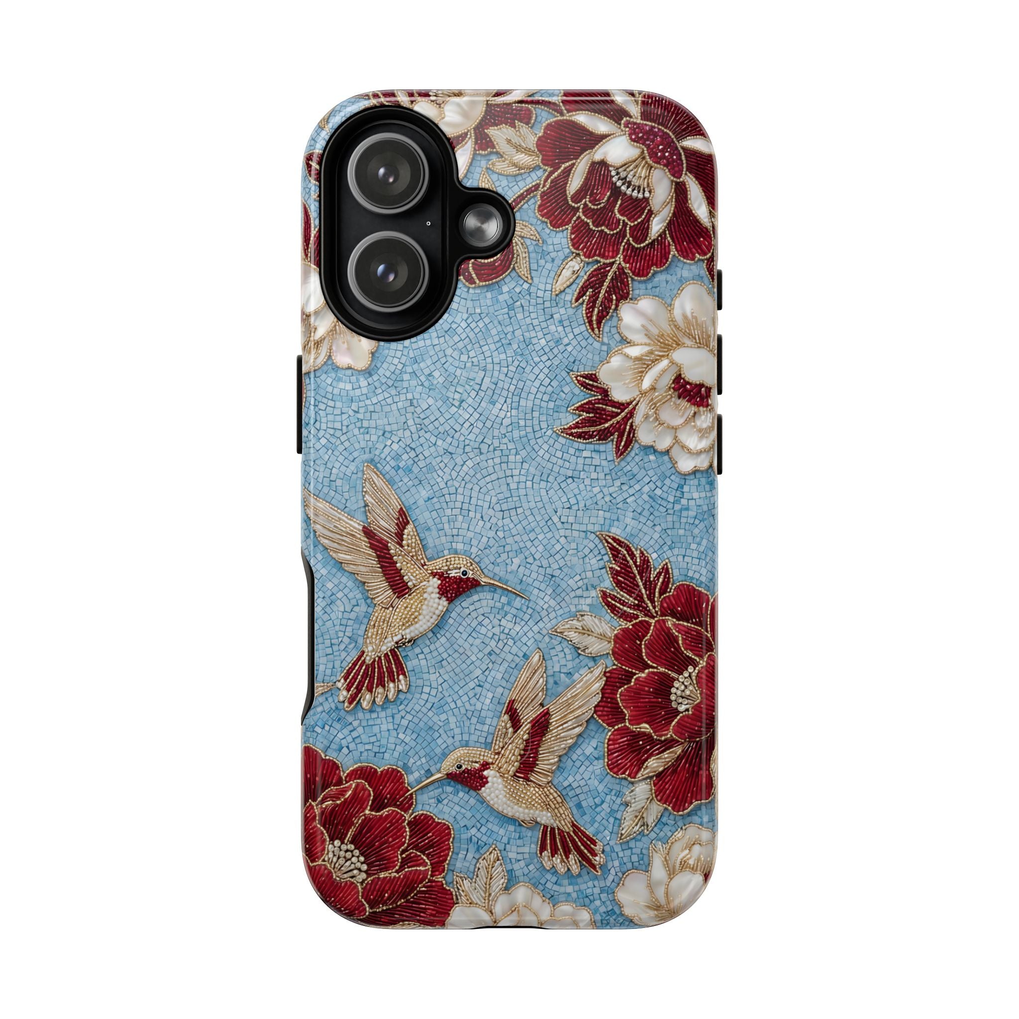 Floral Hummingbird Tough MagSafe iPhone Case | Vintage Blue & Burgundy Botanical Design