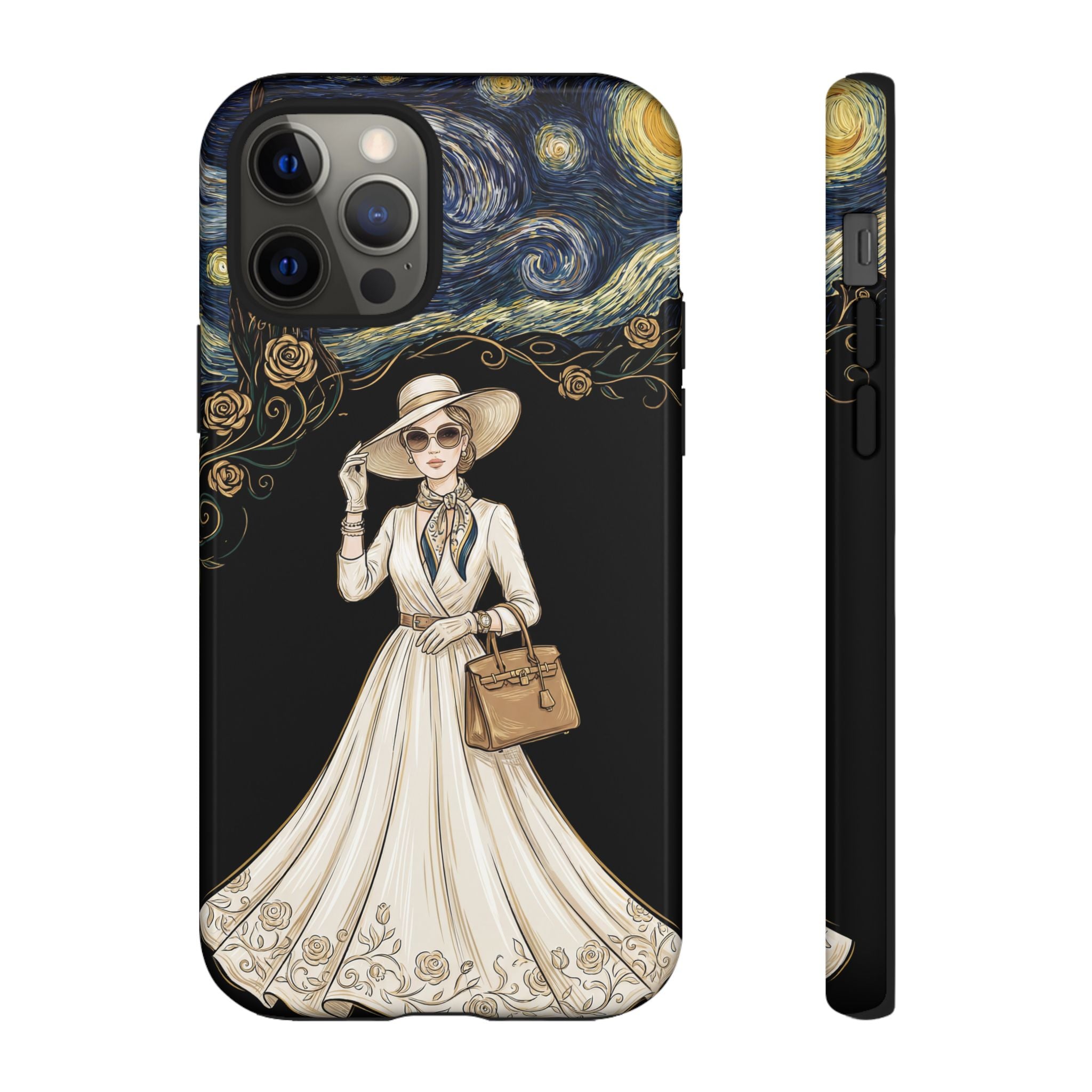 Vintage Starry Night Fashion iPhone Case | Elegant Lady in White Dress