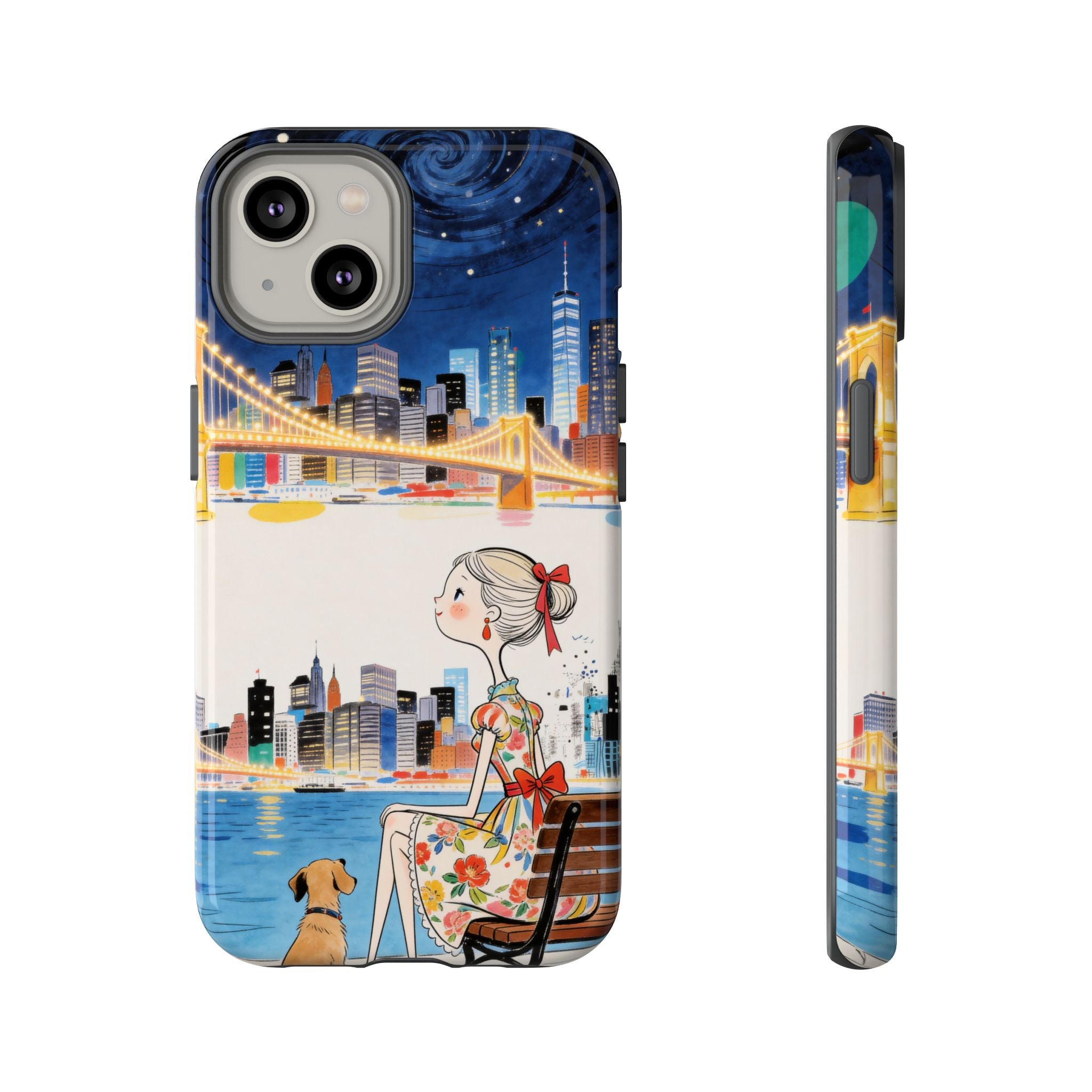 City Night iPhone Case | Cute Girl & Dog Bench Illustration