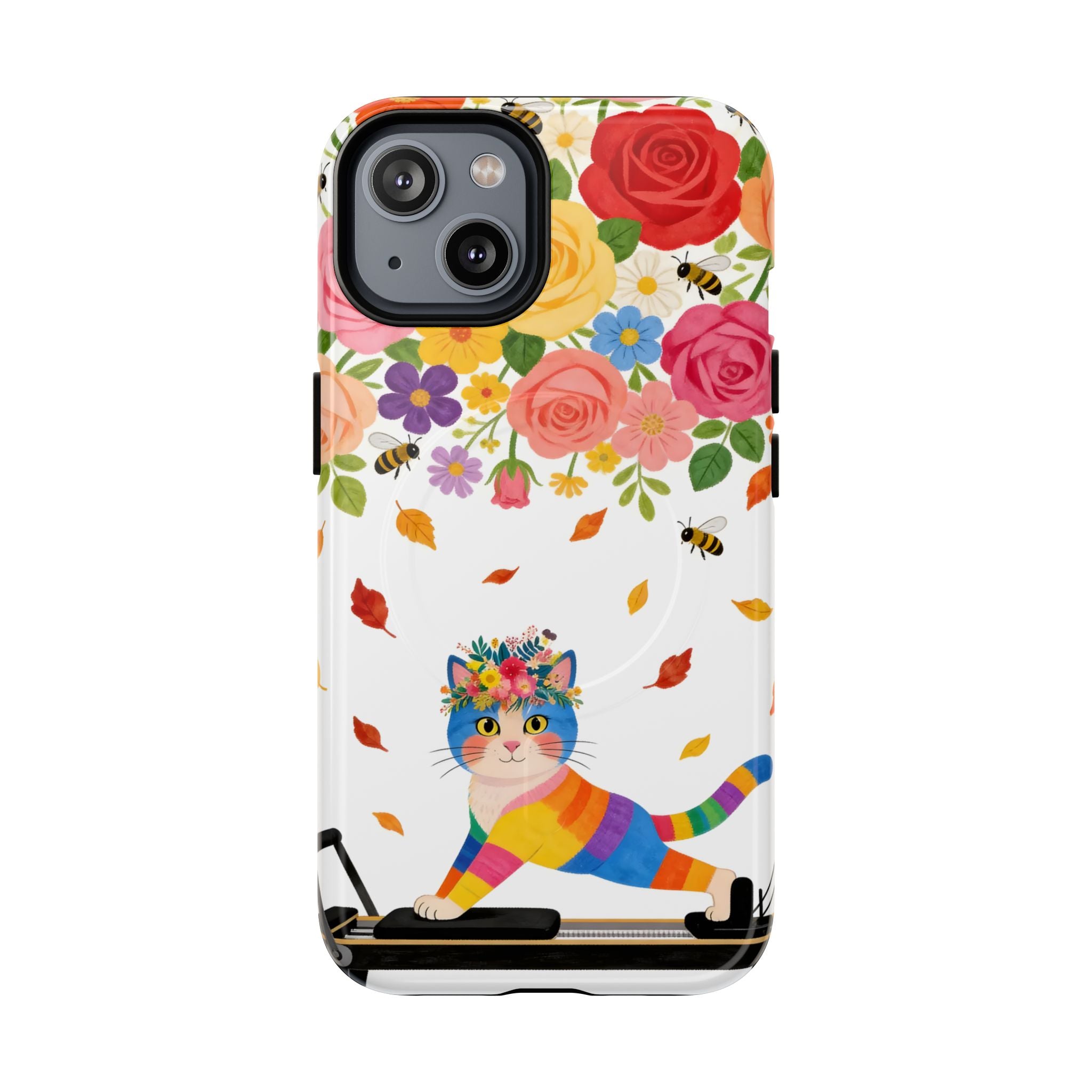 Floral Rainbow Cat Tough MagSafe iPhone Case — Colorful Pilates Cat Design