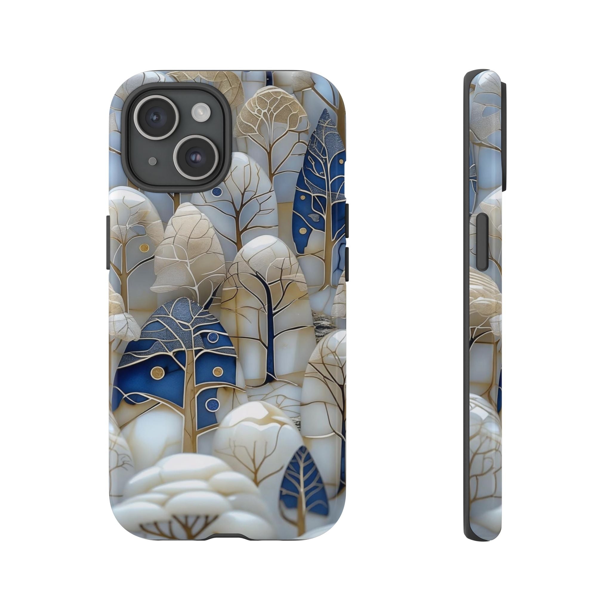 Blue Gold Winter Forest iPhone Case — Elegant Tree Pattern Tough Case